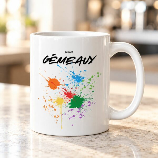 Mug Gémeaux aux éclaboussures colorées pour les amateurs d&rsquo;art visuel