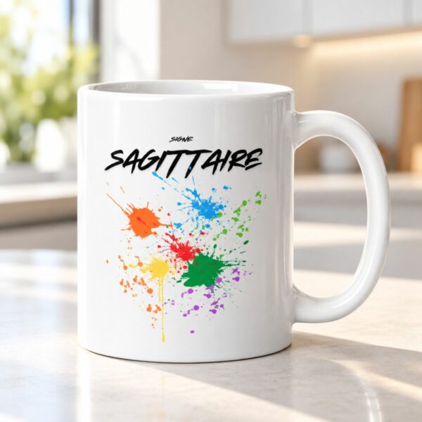Mug Sagittaire aux éclaboussures colorées pour les amateurs d’art visuel