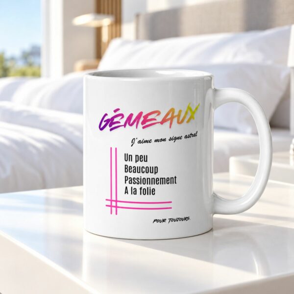 Mug pour femme Gémeaux | « Un peu, Beaucoup, Passionnément, À la folie » – Cadeau Tendance Astro