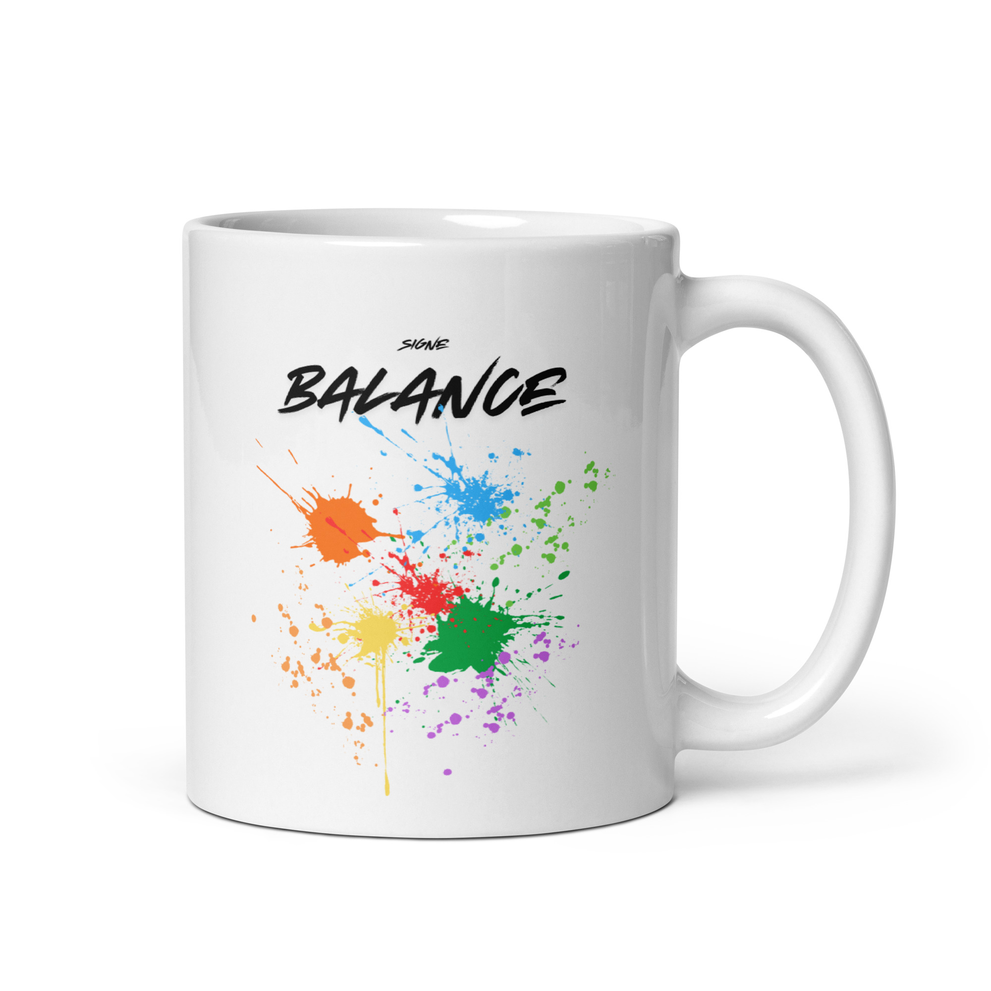 Mug blanc avec l'inscription "BALANCE" en noir et des éclaboussures de peinture multicolores (orange, bleu, jaune, vert, violet) style jet d'encre. Signe astro balance