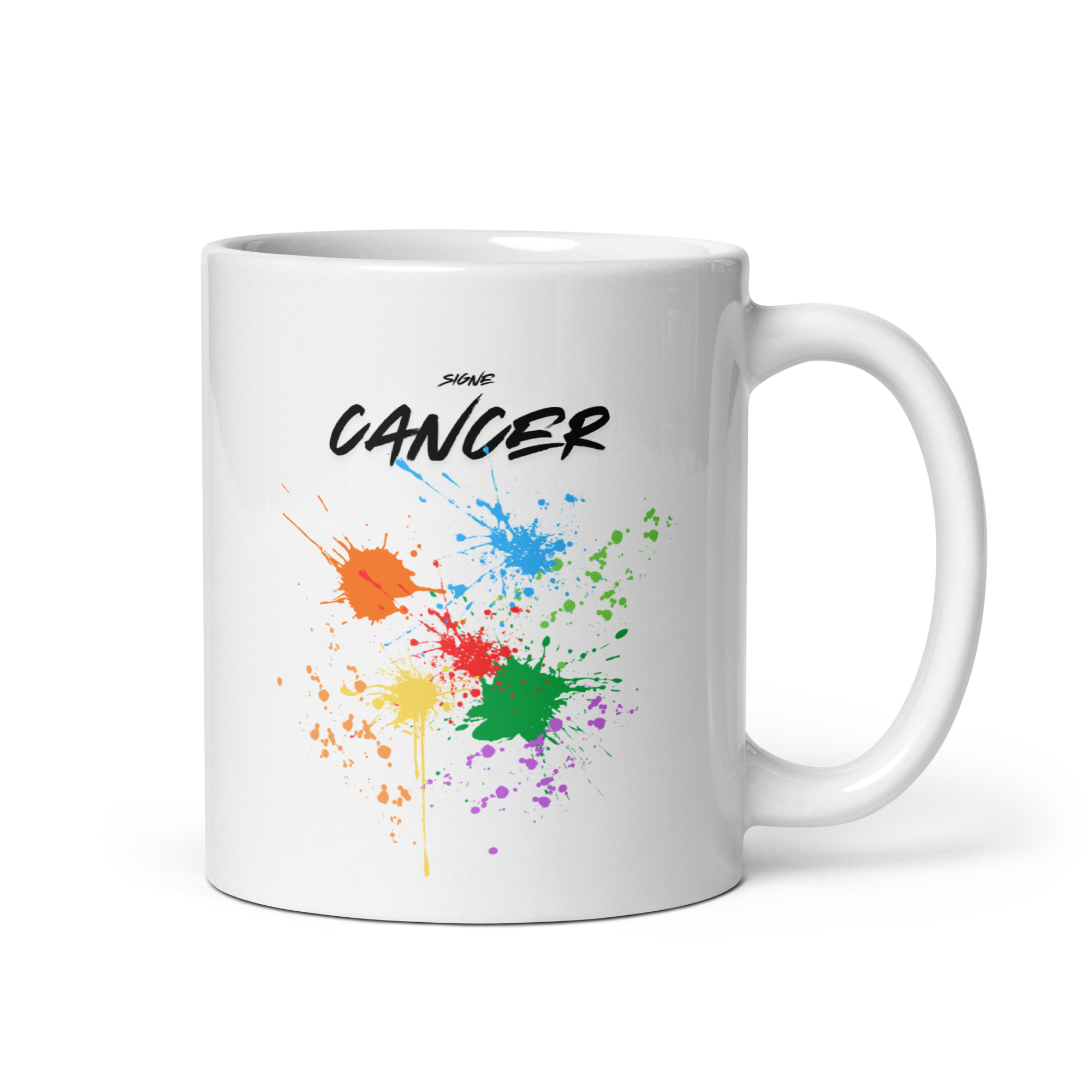 Mug Cancer jet d’encre Mug blanc avec l'inscription "Cancer" en noir et des éclaboussures de peinture multicolores (orange, bleu, jaune, vert, violet) style jet d'encre. Signe astro Cancer