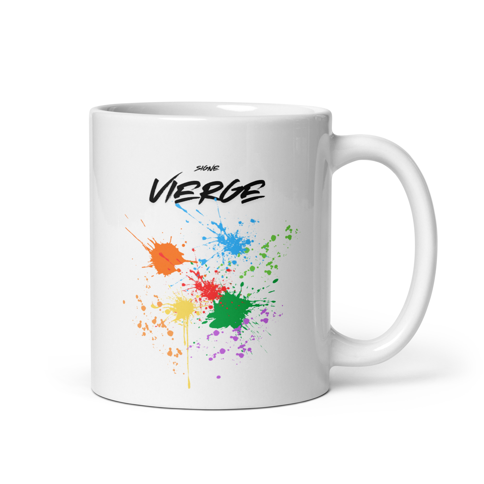 Mug Vierge jet d’encre Mug blanc avec l'inscription "VIERGE" en noir et des éclaboussures de peinture multicolores (orange, bleu, jaune, vert, violet) style jet d'encre. Signe astro vierge