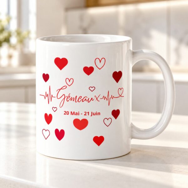 Cadeau amour & astrologie : Mug cœurs – Signe Gémeaux