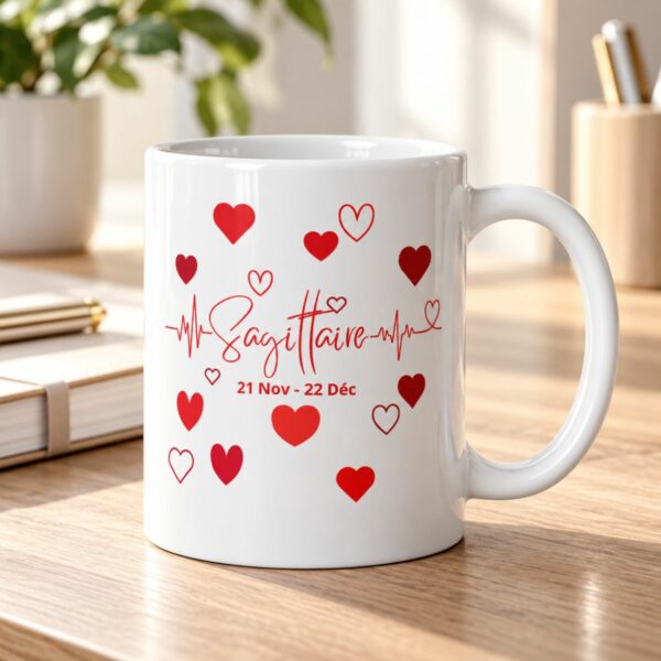 Cadeau amour & astrologie : Mug cœurs – Signe Sagittaire