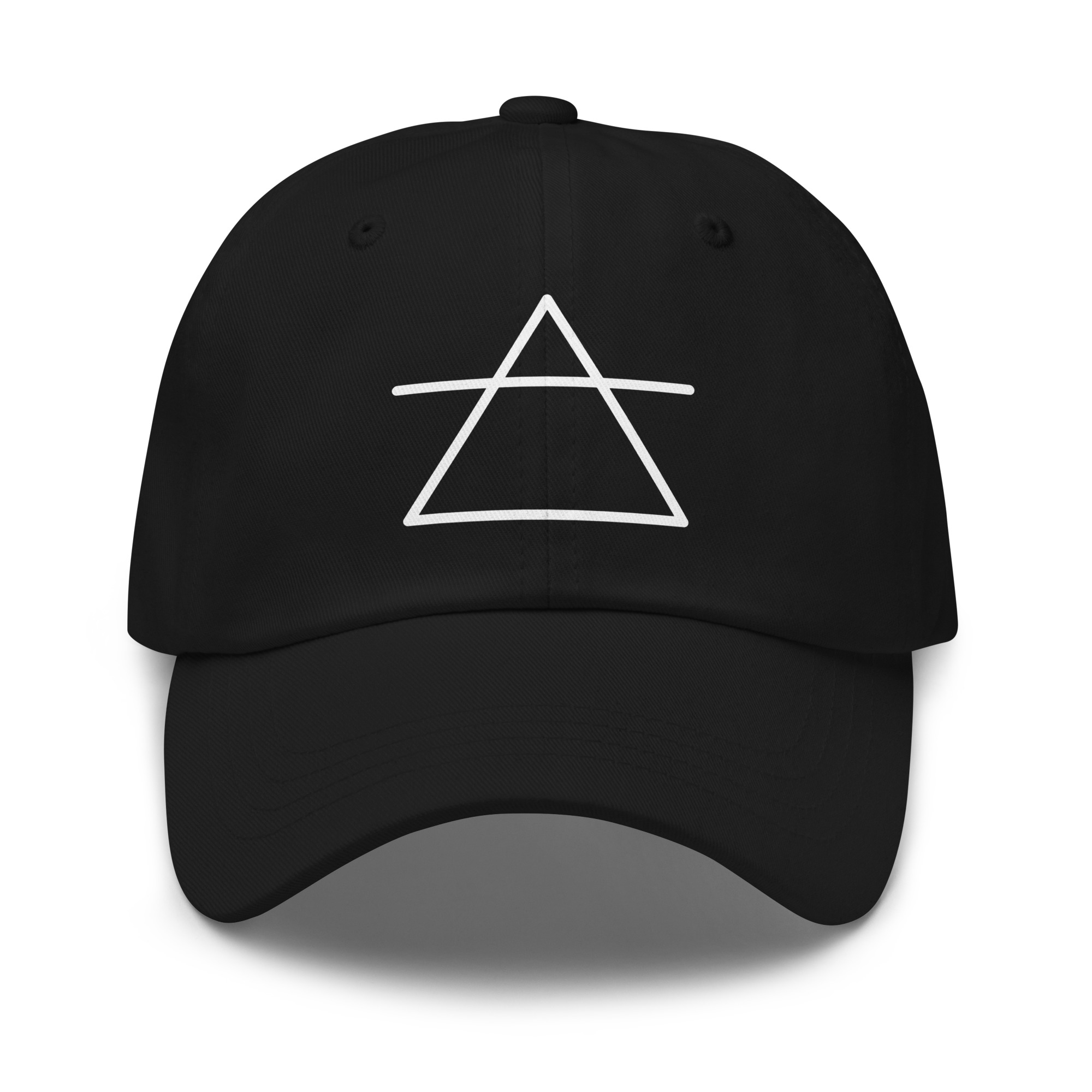 Casquette Glyphe Astrologique Air | Symbole Élémentaire Zodiaque Casquette de baseball de couleur noire, de face. Elle est imprimée au centre avec le glyphe de l'élément AIR (triangle pointant vers le haut, barré par une ligne horizontale) en couleur blanche, créant un contraste minimaliste et net.