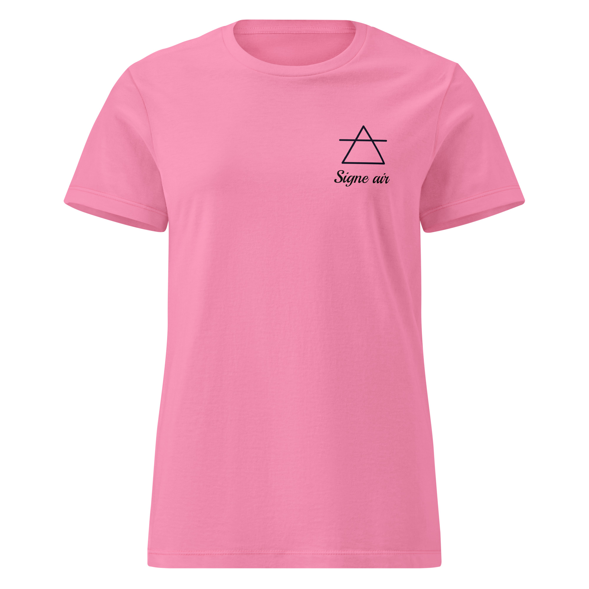 T-Shirt rose pour femme avec un petit motif imprimé en noir sur la poitrine gauche. Le motif est composé d'un triangle droit barré (pointe vers le haut), symbole de l'élément air en astrologie, surmontant le texte 'Signe air'.