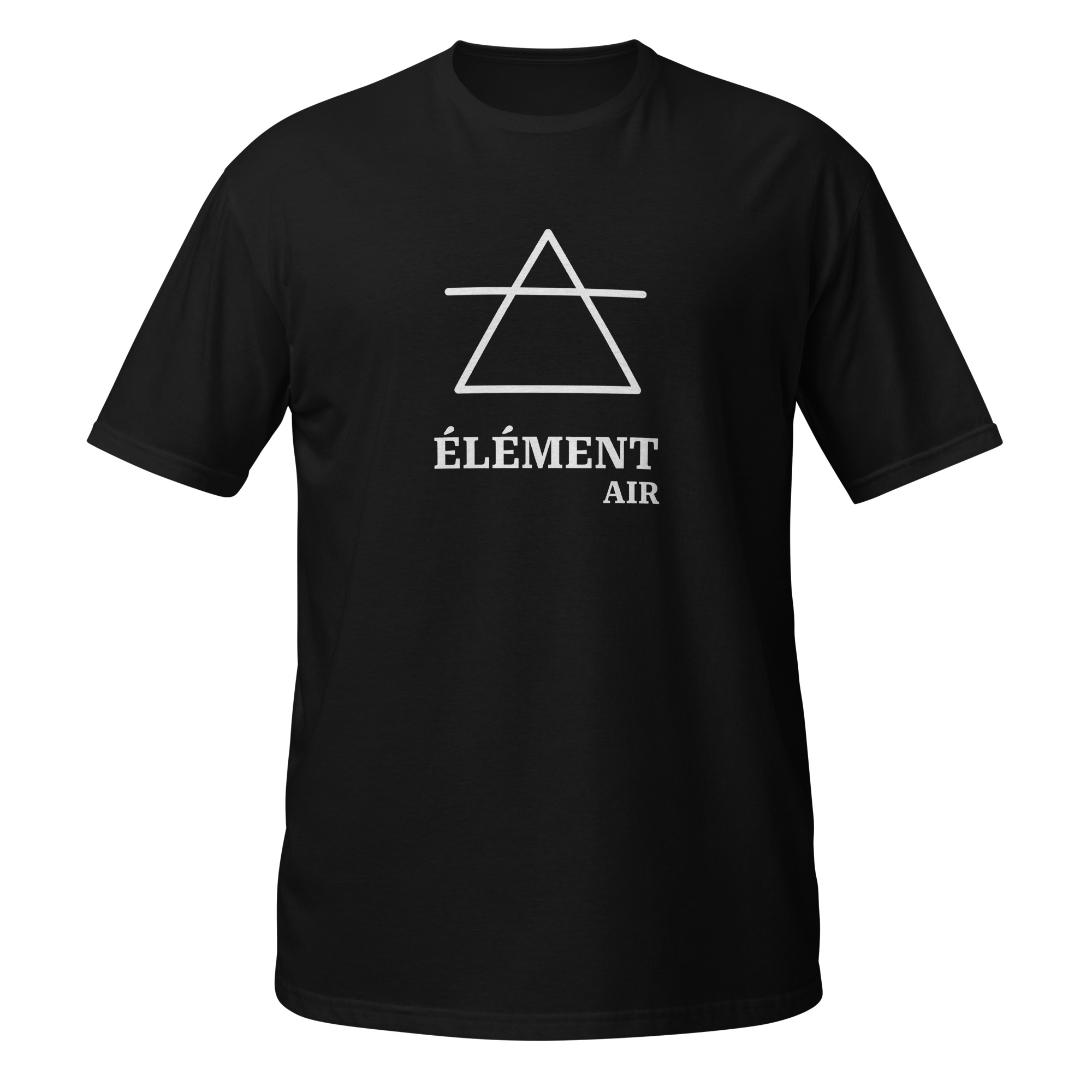 T-Shirt noir pour homme avec un motif centré imprimé en blanc. Le motif est le symbole de l'élément Air en astrologie : un triangle pointant vers le haut traversé par une ligne horizontale. Sous le symbole, le texte 'ÉLÉMENT' est écrit en gros, suivi de 'AIR' en plus petit.