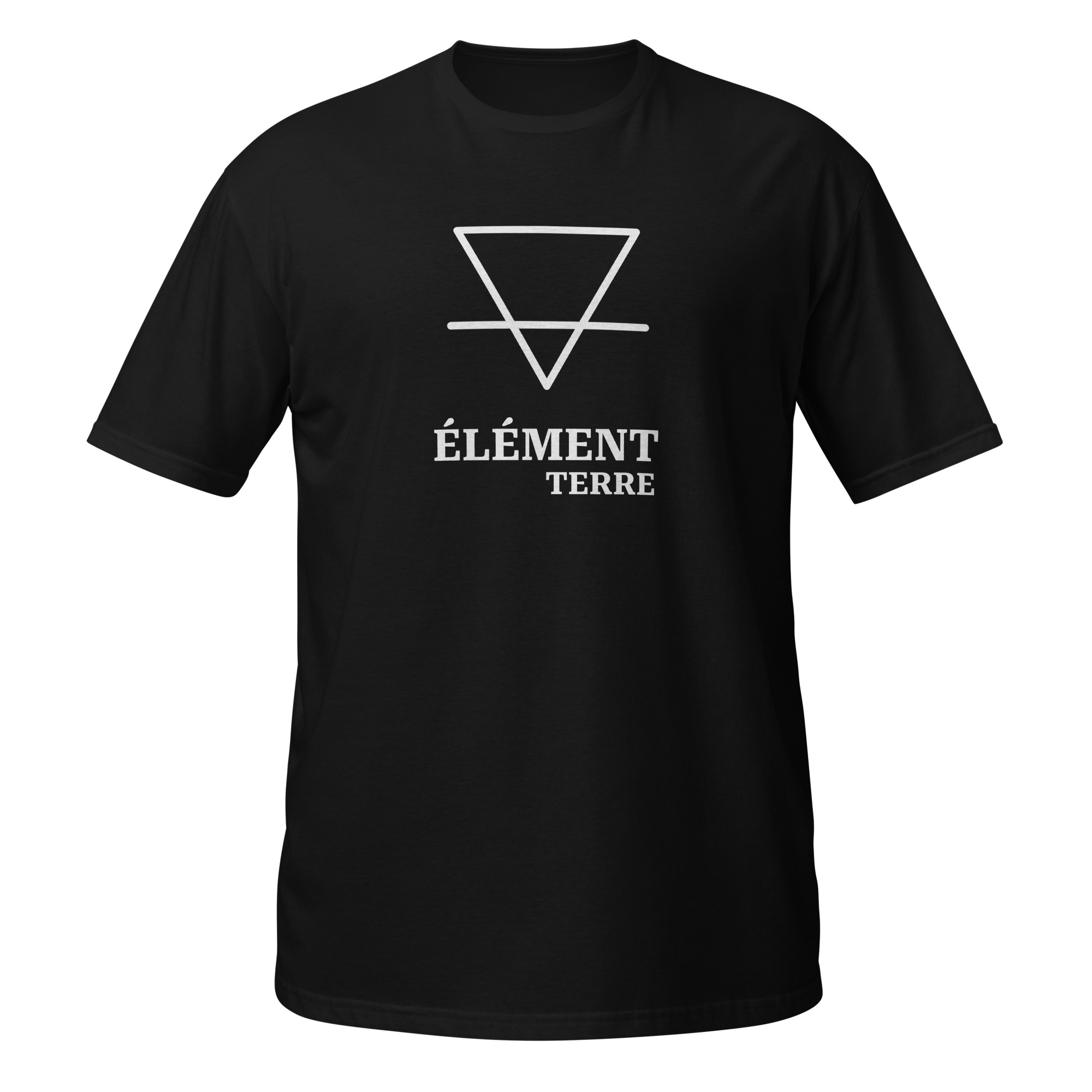 T-Shirt noir pour homme avec un motif centré imprimé en blanc. Le motif est le symbole de l'élément TERRE en astrologie : un triangle pointant vers le bas barré. Sous le symbole, le texte 'ÉLÉMENT' est écrit en gros, suivi de 'TERRE' en plus petit.