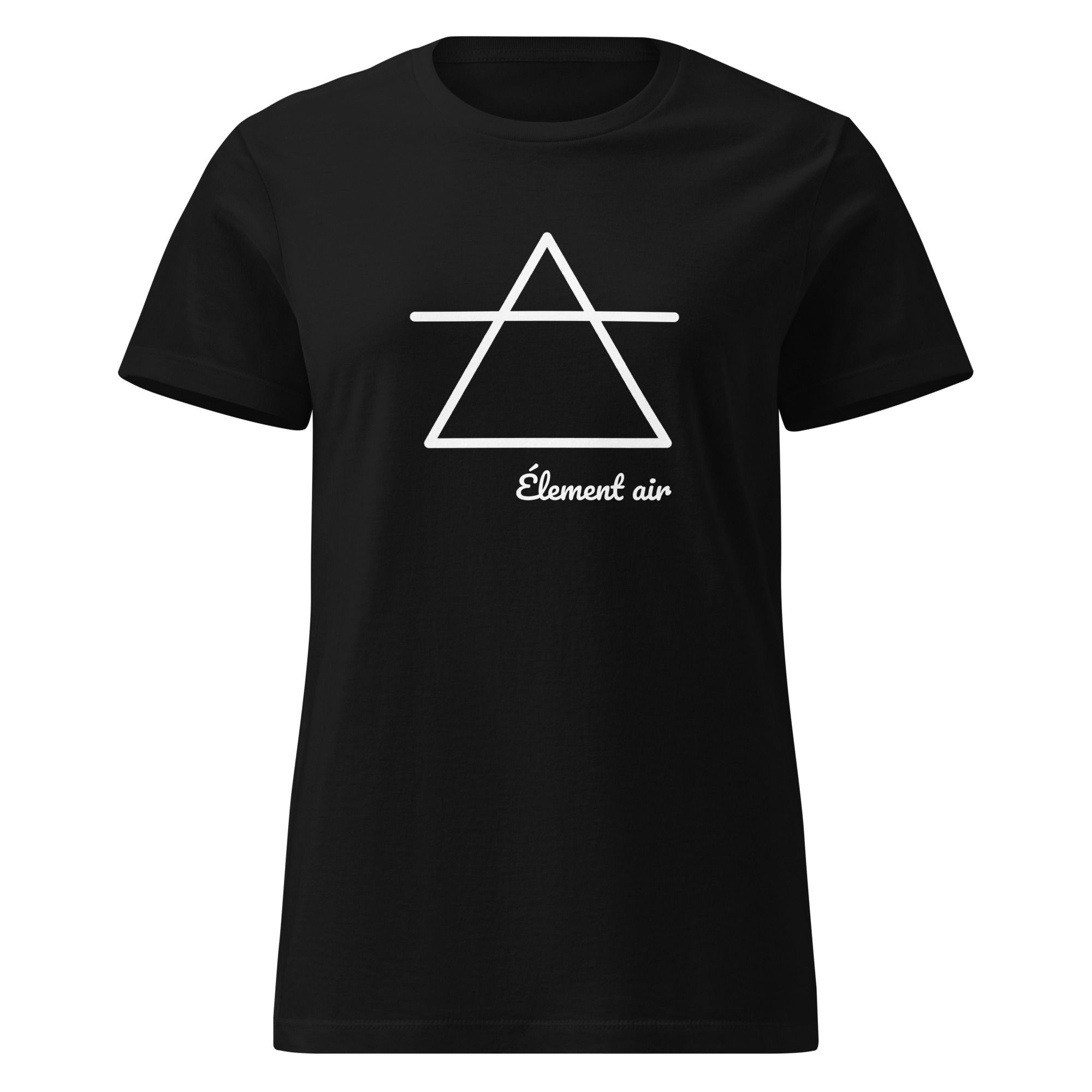 T-Shirt noir pour femme avec un motif centré imprimé en blanc. Le motif est le symbole de l'élément Air en astrologie : un triangle pointant vers le haut traversé par une ligne horizontale. Sous le symbole, le texte 'ÉLÉMENT AIR' est écrit.