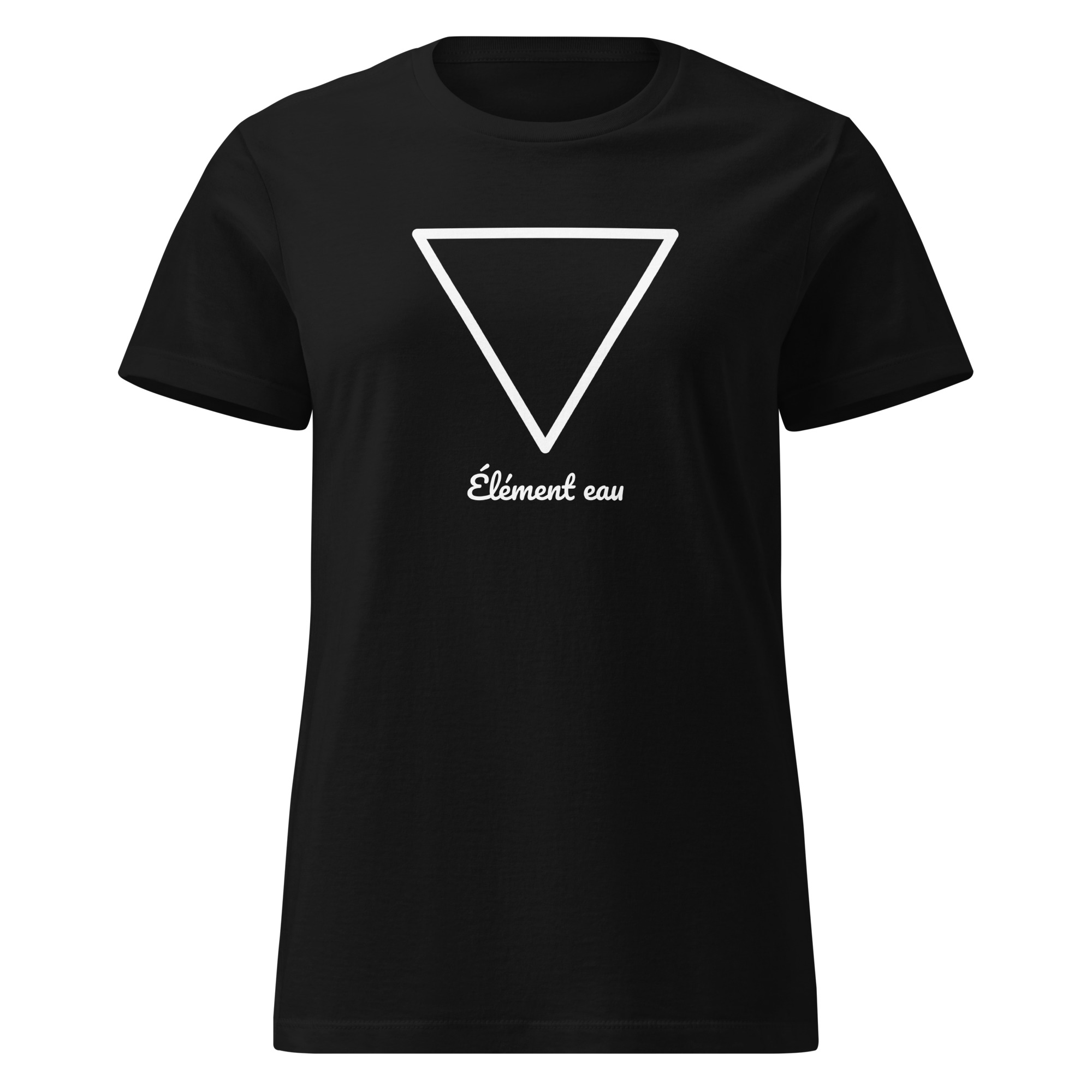 T-Shirt noir pour femme avec un motif centré imprimé en blanc. Le motif est le symbole de l'élément eau en astrologie : un triangle pointant vers le bas. Sous le symbole, le texte 'ÉLÉMENT eau' est écrit.