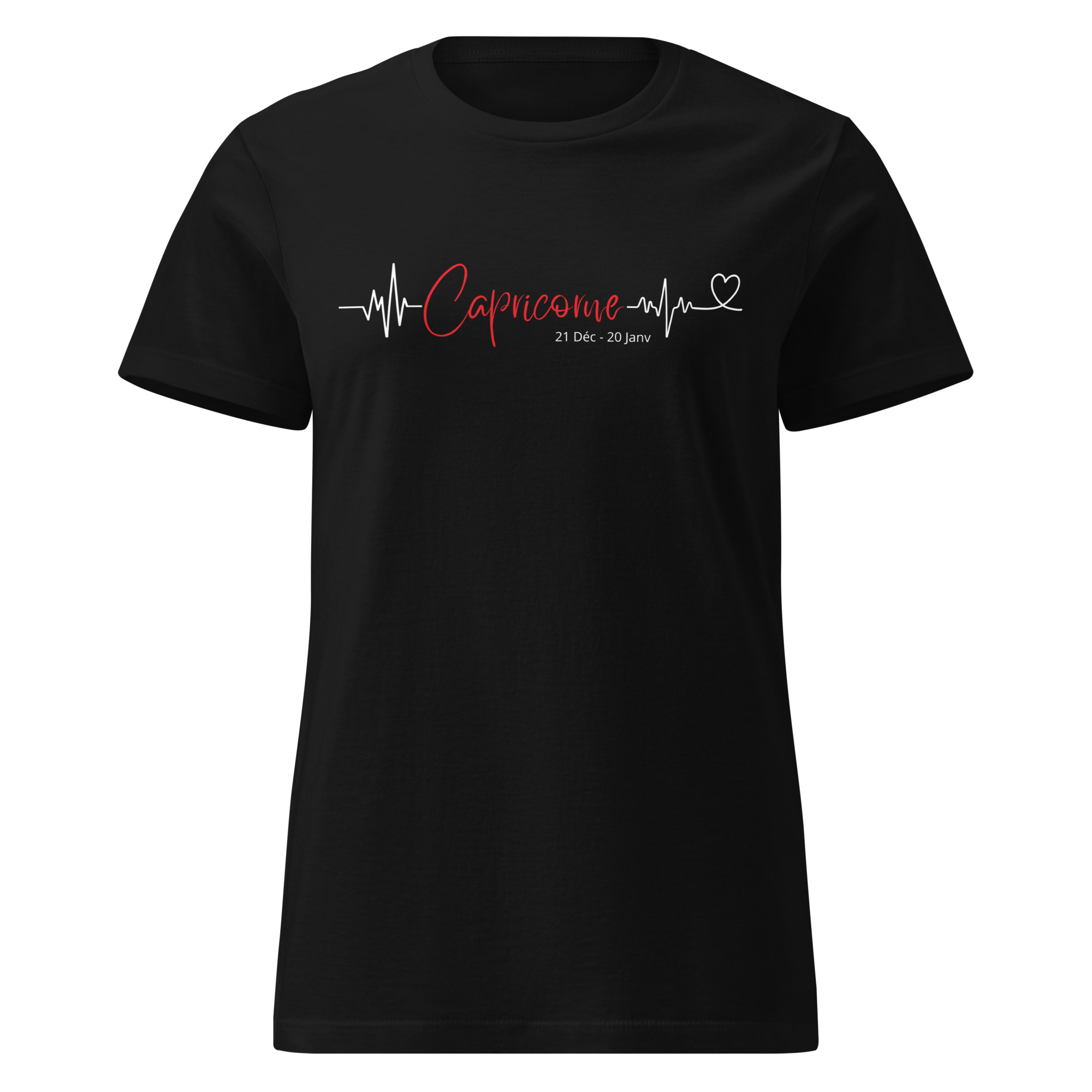 T-shirt Femme Signe Astral Capricorne | Pulsation Cœur Rouge et Blanc Packshot d'un t-shirt noir au design 'Graphic Tee' épuré, présentant le signe astrologique Capricorne. Le visuel combine une ligne de vie blanche, une typographie script rouge contrastante et un motif cœur, créant un look mode minimaliste et personnalisé.