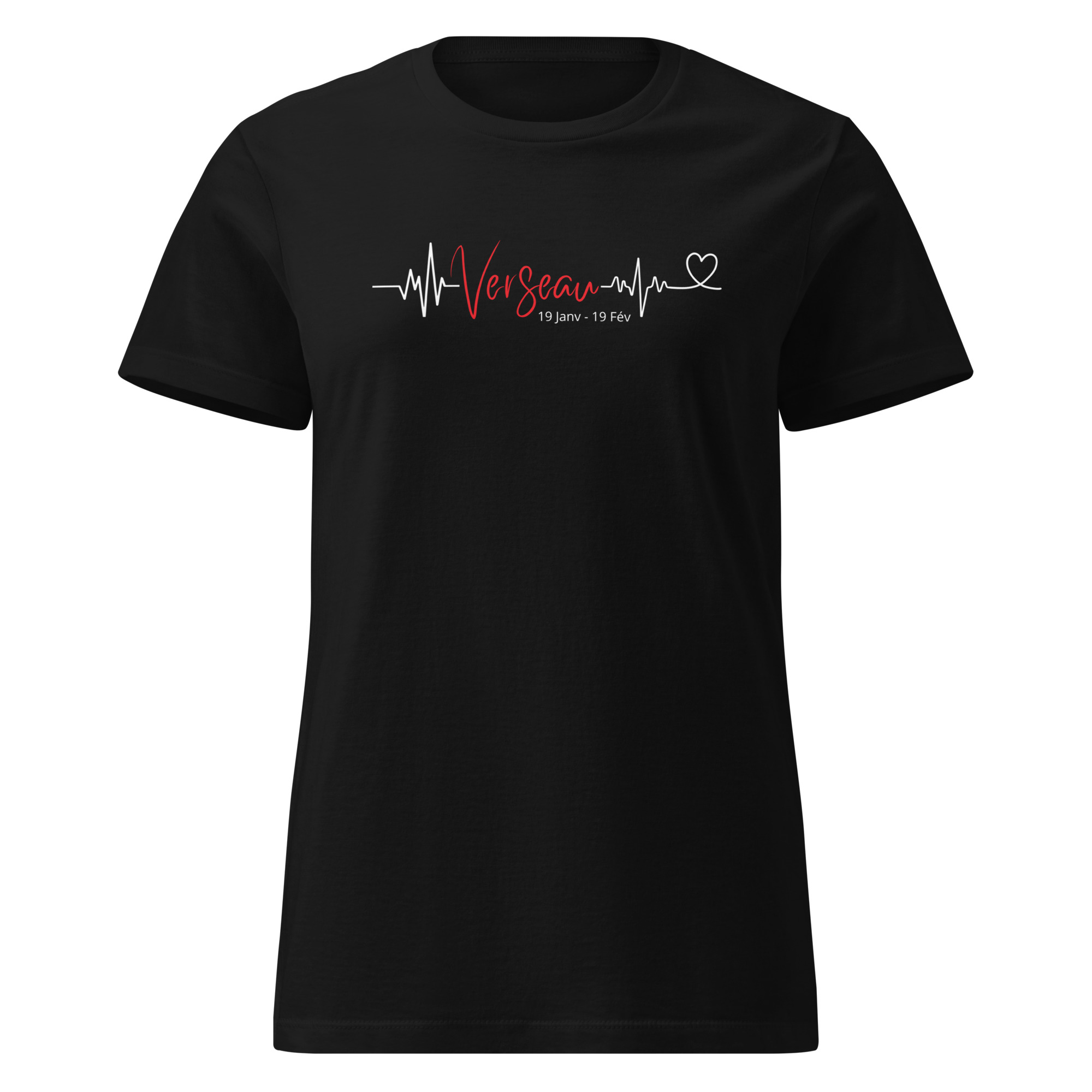 T-shirt Femme Signe Astral Verseau | Pulsation Cœur Rouge et Blanc Packshot d'un t-shirt noir au design 'Graphic Tee' épuré, présentant le signe astrologique verseau. Le visuel combine une ligne de vie blanche, une typographie script rouge contrastante et un motif cœur, créant un look mode minimaliste et personnalisé.