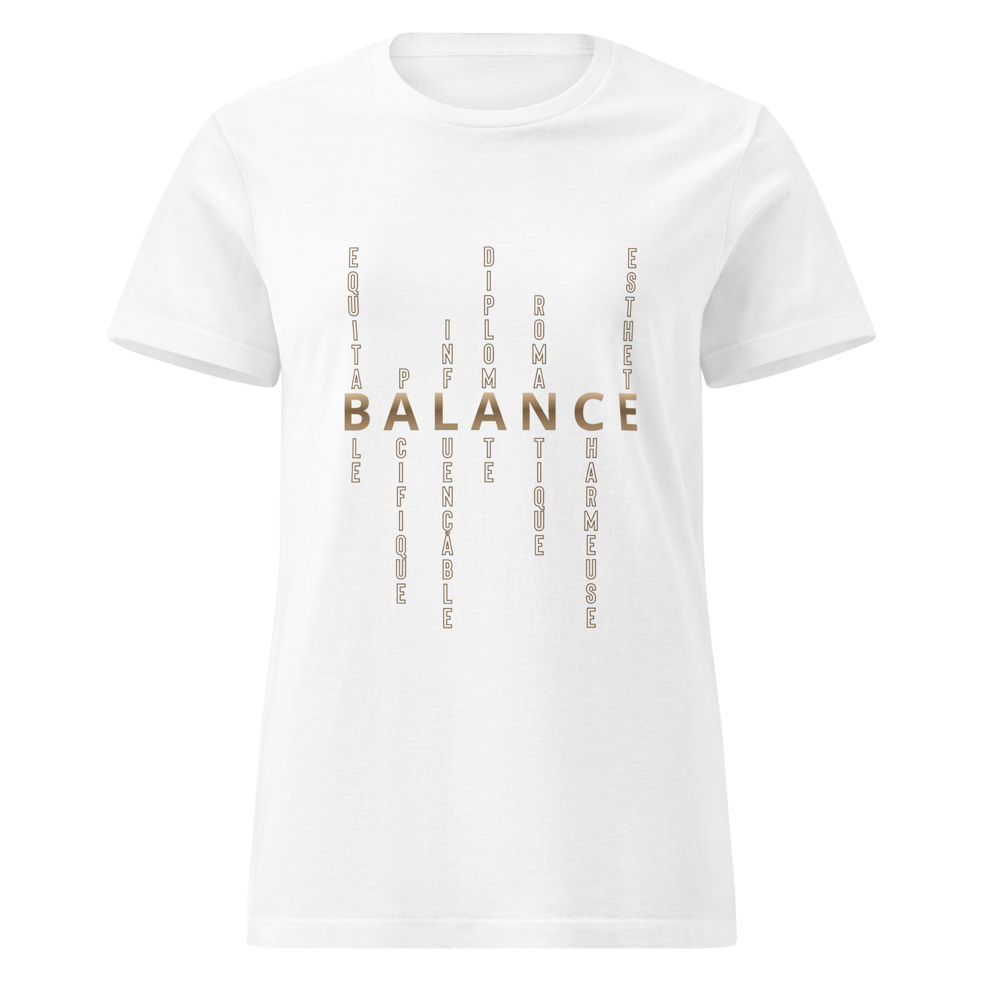 T-shirt blanc à manches courtes pour femme avec motif imprimé des caractéristiques de personnalité du signe astrologique balance en couleur brun doré.