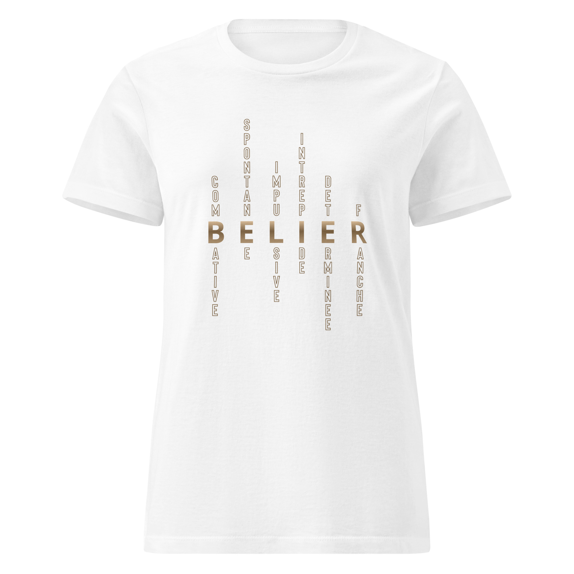 T-shirt blanc à manches courtes pour femme avec motif imprimé des caractéristiques de personnalité du signe astrologique bélier en couleur brun doré.