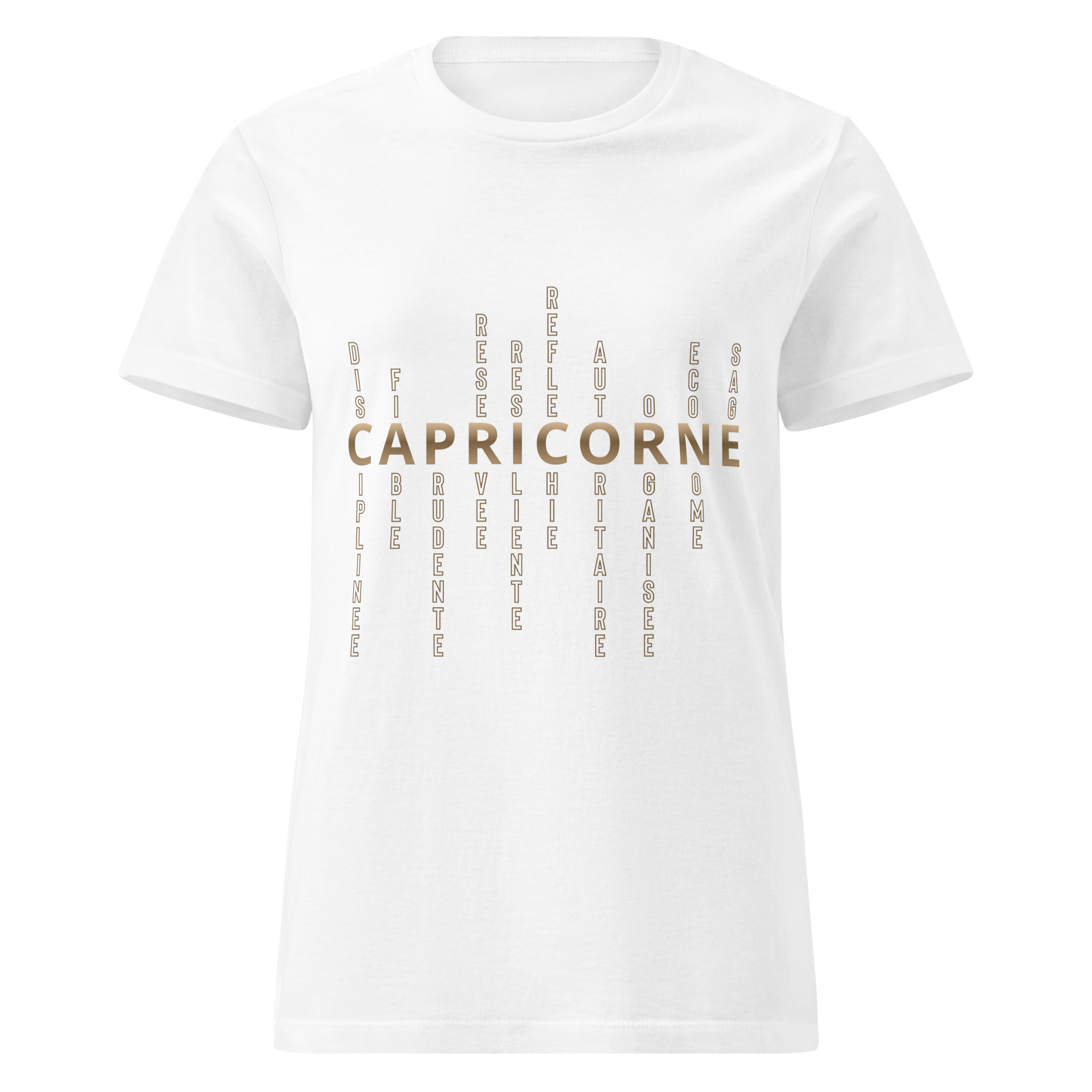 T-shirt blanc à manches courtes pour femme avec motif imprimé des caractéristiques de personnalité du signe astrologique capricorne en couleur brun doré.