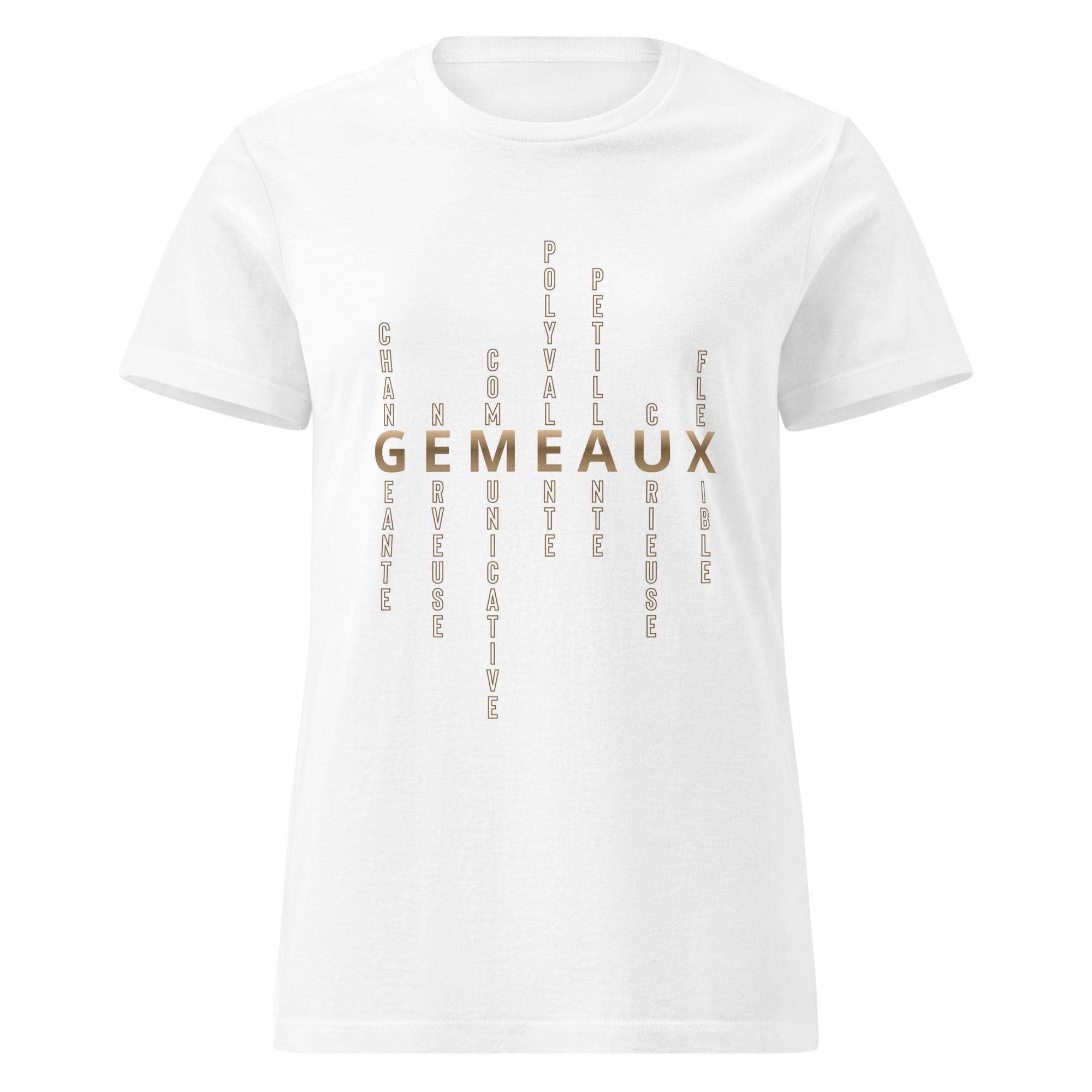 T-shirt Femme signe astrologique Gémeaux | Personnalité mots-croisés T-shirt blanc à manches courtes pour femme avec motif imprimé des caractéristiques de personnalité du signe astrologique gémeaux en couleur brun doré.