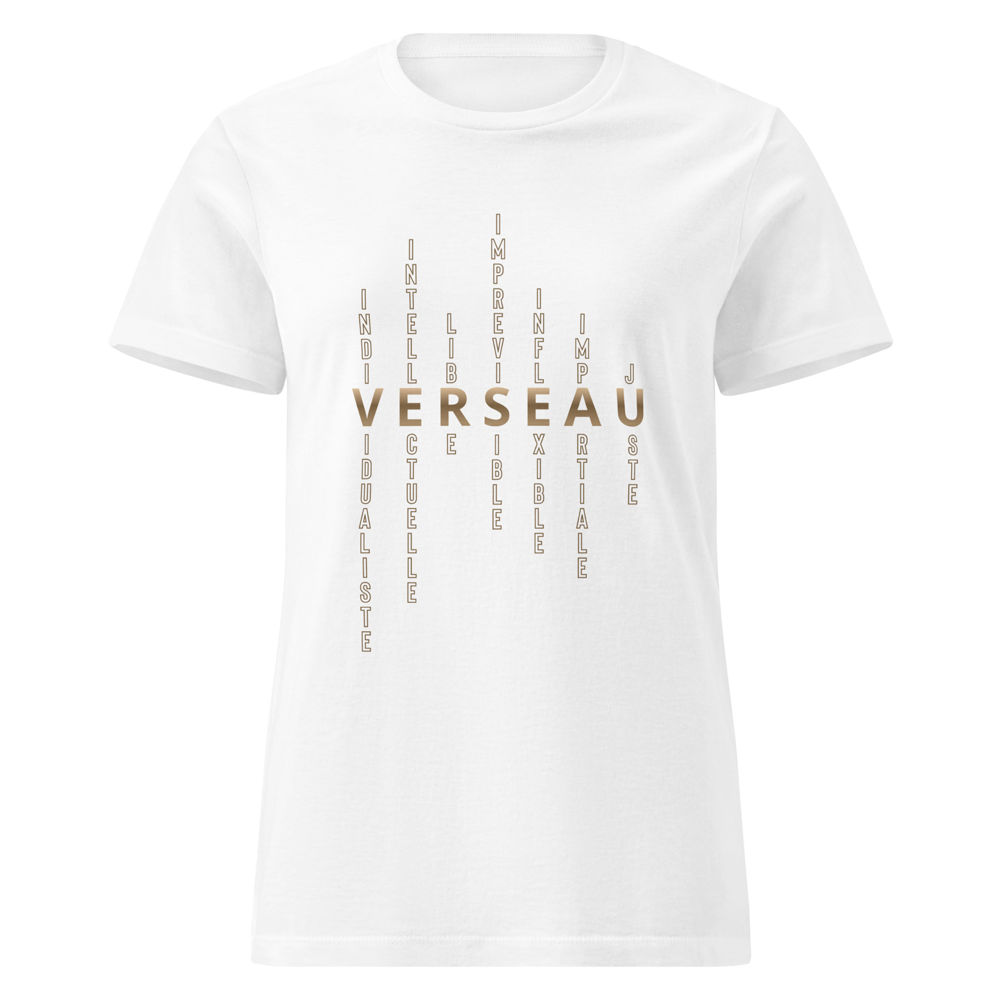 T-shirt Femme signe astrologique Verseau | Personnalité mots-croisés T-shirt blanc à manches courtes pour femme avec motif imprimé des caractéristiques de personnalité du signe astrologique verseau en couleur brun doré.