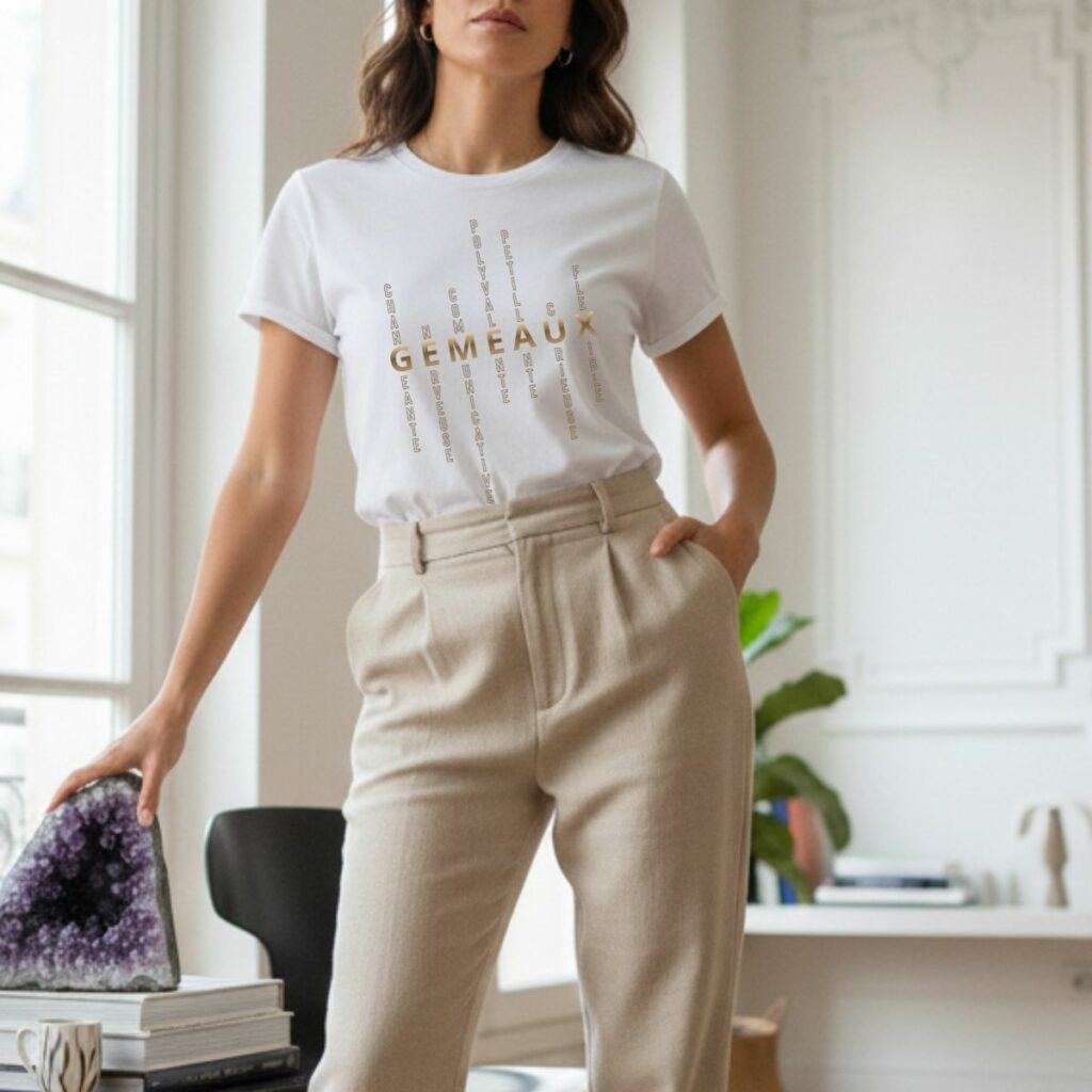 T-shirt blanc femme signe astrologique gemeaux - Personnalité mots croisés par Whizaloo. Design élégant avec lettrage doré et adjectifs qualificatifs du zodiaque