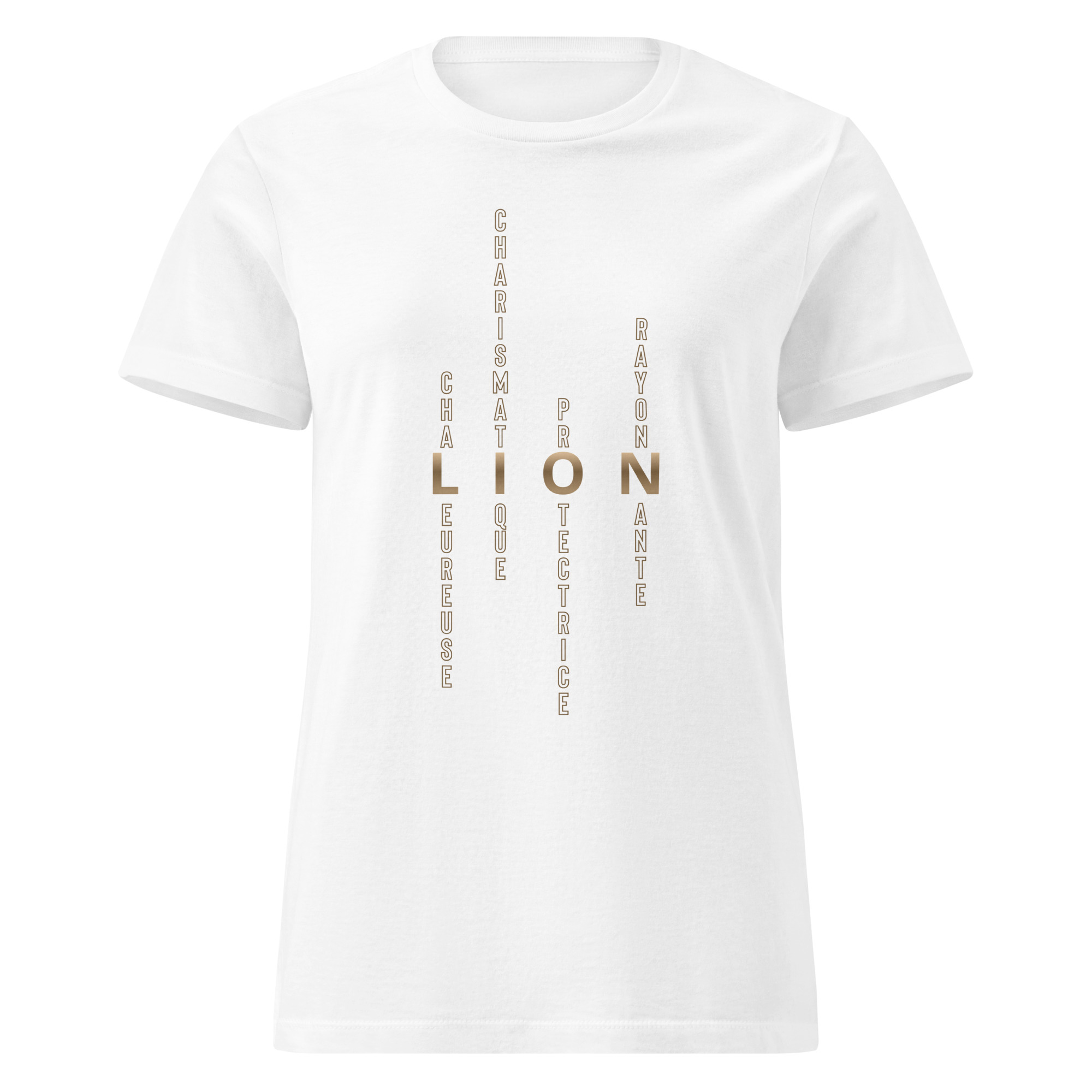 T-shirt Femme signe astrologique Lion | Personnalité mots-croisés T-shirt blanc à manches courtes pour femme avec motif imprimé des caractéristiques de personnalité du signe astrologique lion en couleur brun doré.