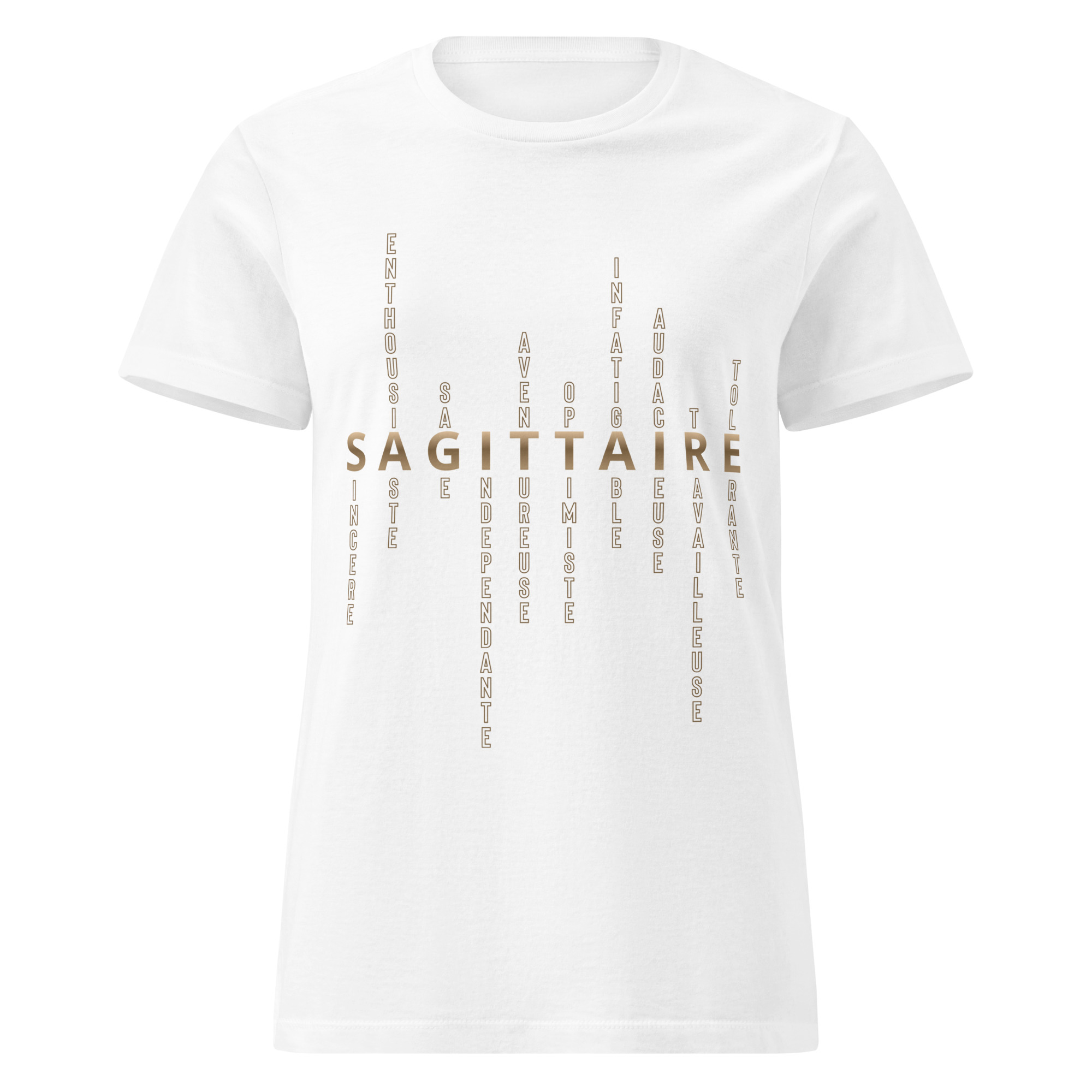 T-shirt Femme signe astrologique Sagittaire | Personnalité mots-croisés T-shirt blanc à manches courtes pour femme avec motif imprimé des caractéristiques de personnalité du signe astrologique sagittaire en couleur brun doré.