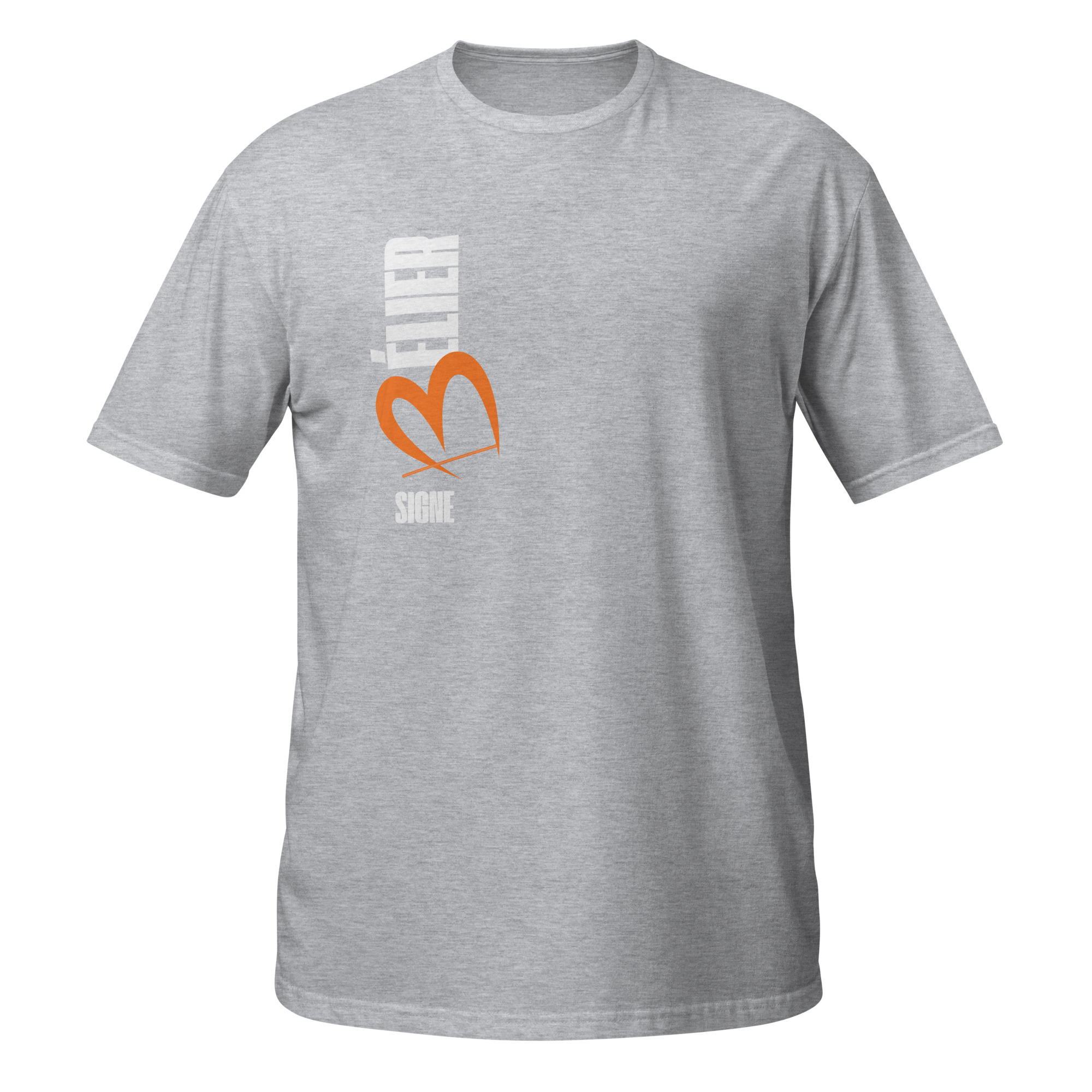 T-shirt signe du zodiaque Bélier | Print vertical T-shirt gris pour homme avec un imprimé vertical blanc et orange. Le texte est écrit en français avec le mot "BELIER" en lettres capitales stylisées, accompagné du mot "SIGNE" en dessous.