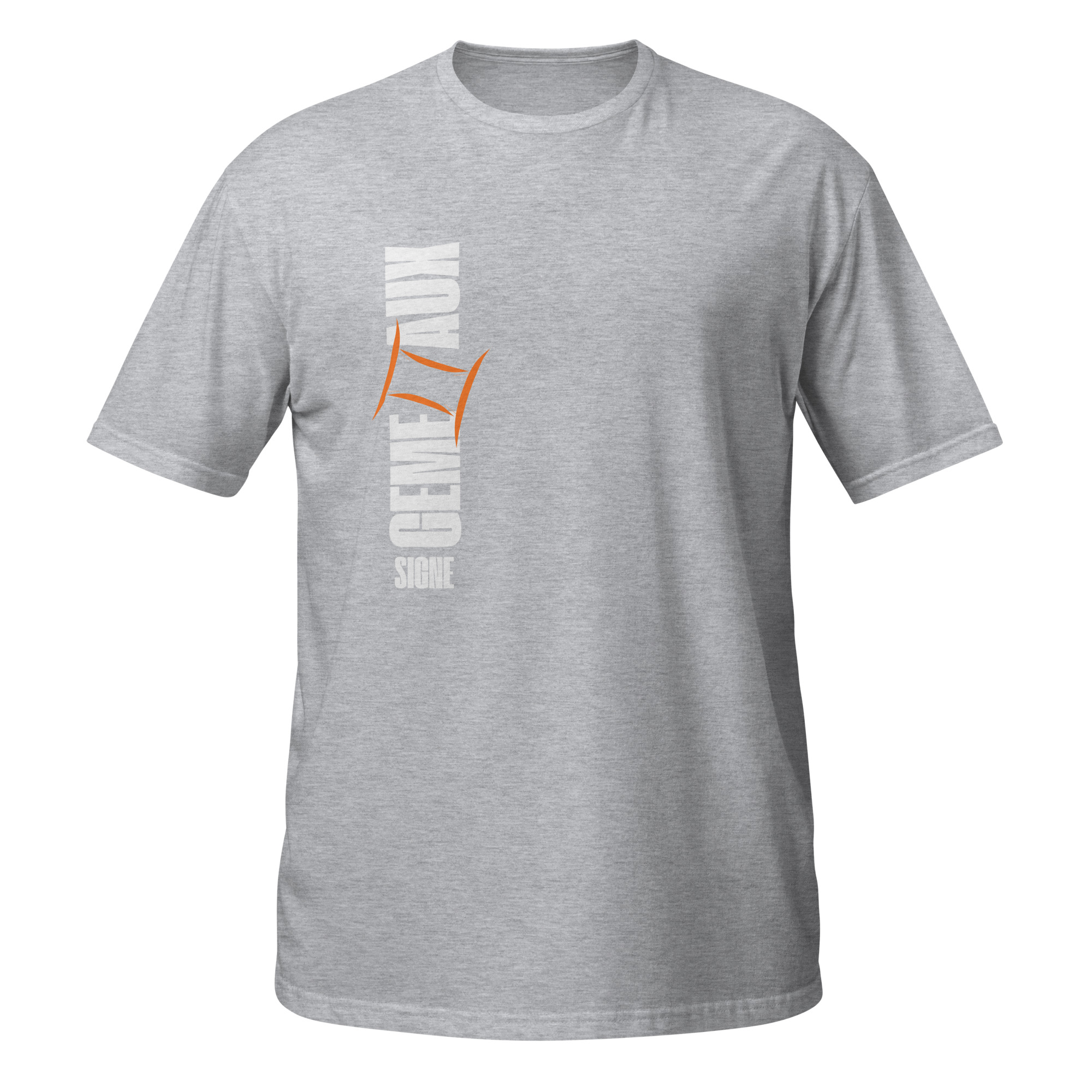 T-shirt signe du zodiaque Gémeaux | Print vertical T-shirt gris pour homme avec un imprimé vertical blanc et orange. Le texte est écrit en français avec le mot "GEMEAUX" en lettres capitales stylisées, accompagné du mot "SIGNE" en dessous.