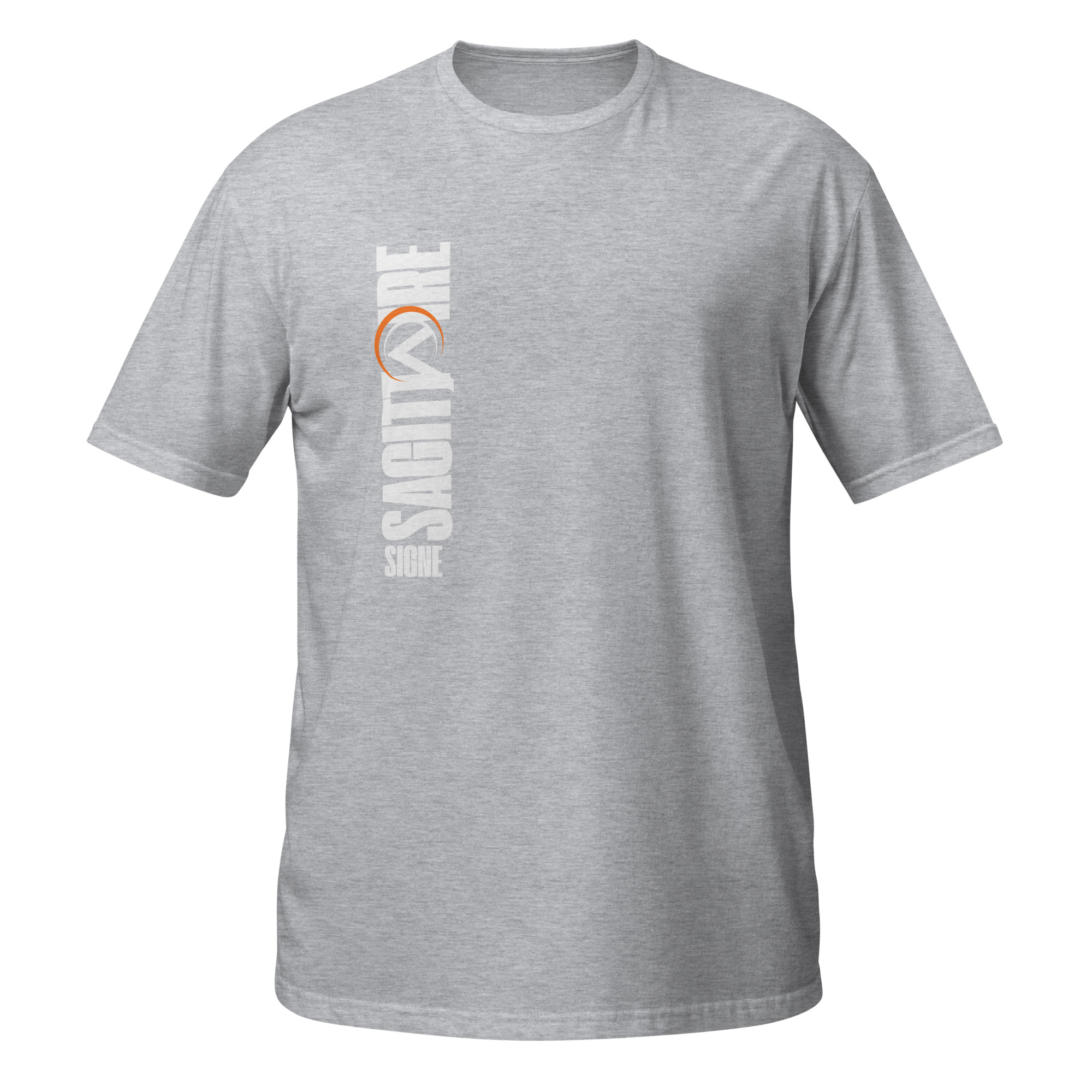 T-shirt signe du zodiaque Sagittaire | Print vertical T-shirt gris pour homme avec un imprimé vertical blanc et orange. Le texte est écrit en français avec le mot "SAGITTAIRE" en lettres capitales stylisées, accompagné du mot "SIGNE" en dessous.