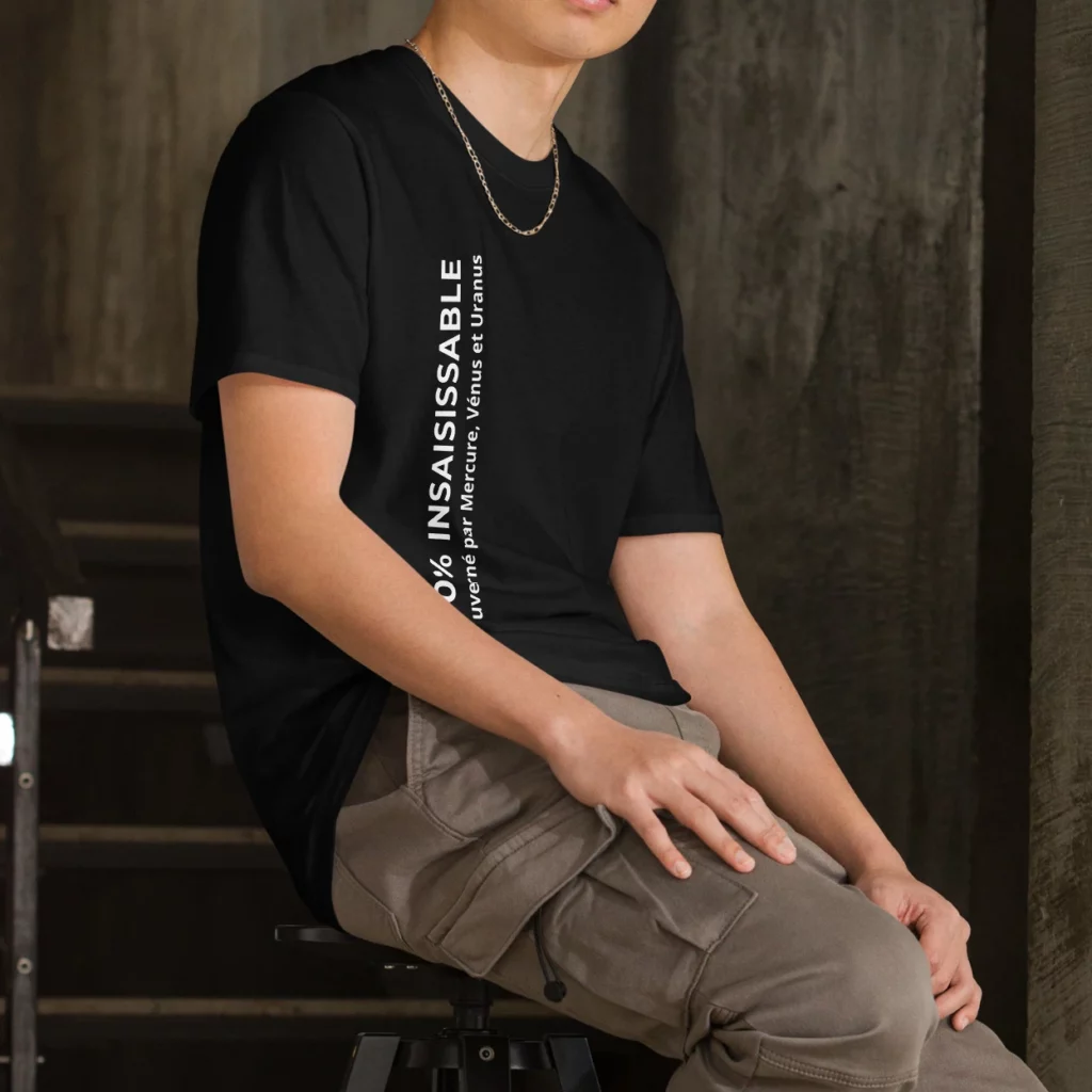 Cadeau original avec Whizaloo : l'Anti-Panne d'idées pour un anniversaire 100% insolite Photographie d'un homme de trois-quarts, assis sur un tabouret dans un décor industriel aux tons sombres. Il porte un t-shirt noir à manches courtes et un pantalon cargo beige. Sur le côté du t-shirt, on aperçoit une inscription verticale blanche : en grandes lettres capitales « 100% Insaisissable », accompagnée de la phrase plus petite « Gouverné par Mercure, Vénus et Uranus ». L'homme porte également une fine chaîne dorée autour du cou.