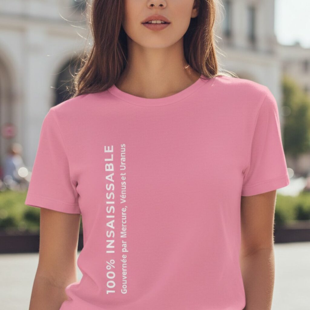 Une jeune femme portant un t-shirt rose avec un texte blanc vertical. L'inscription principale indique « 100% Insaisissable», accompagnée de la mention plus petite «Gouvernée par Mercure, Vénus et Uranus». La scène est capturée en extérieur avec un arrière-plan lumineux et flou.