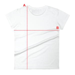 Guide des tailles pour t-shirt femme Whizaloo. Un t-shirt blanc est présenté à plat. Des lignes pointillées rouges et des lettres A, B indiquent les mesures clés. A est la longueur verticale de l'encolure au bas de l'ourlet. B est la largeur horizontale d'aisselle à aisselle.