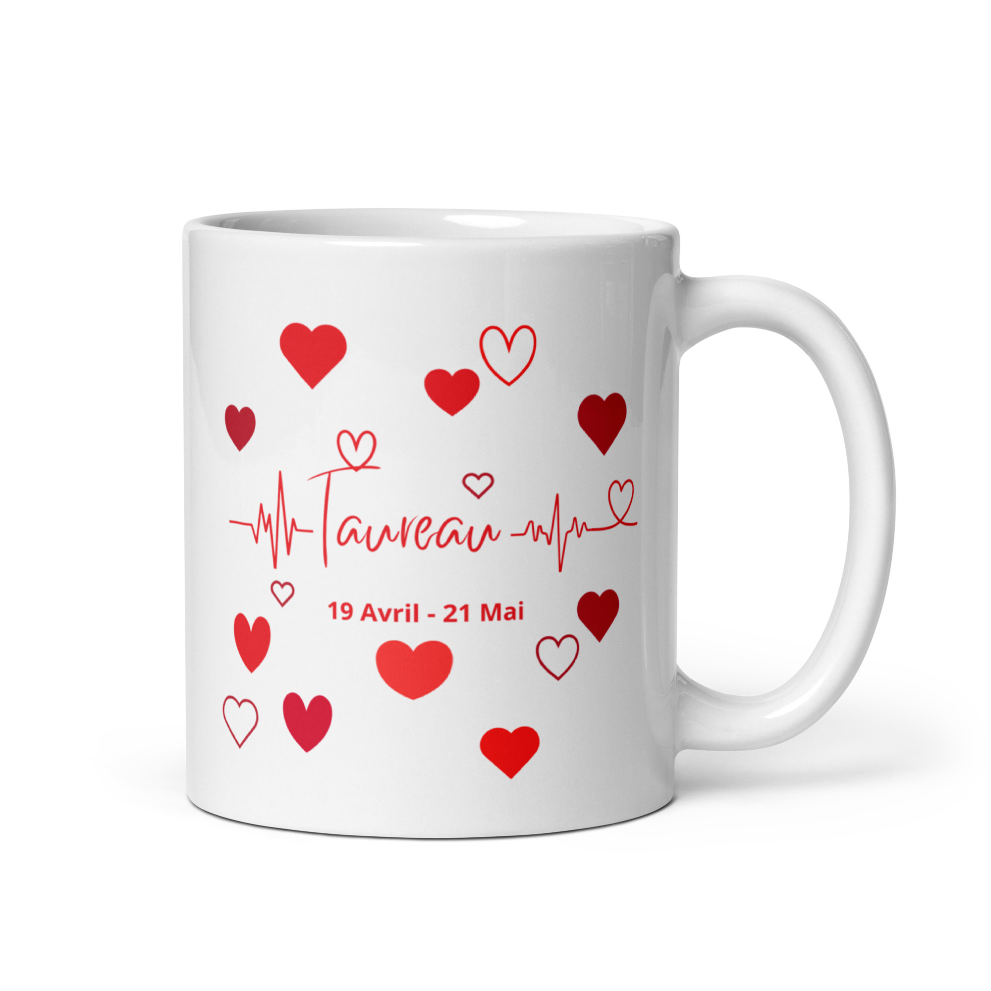 Mug Cœurs ❤️ | Idée Cadeau Romantique pour sa Chérie du signe astrologique Taureau white glossy mug white 11 oz handle on right 69522c7bec13a