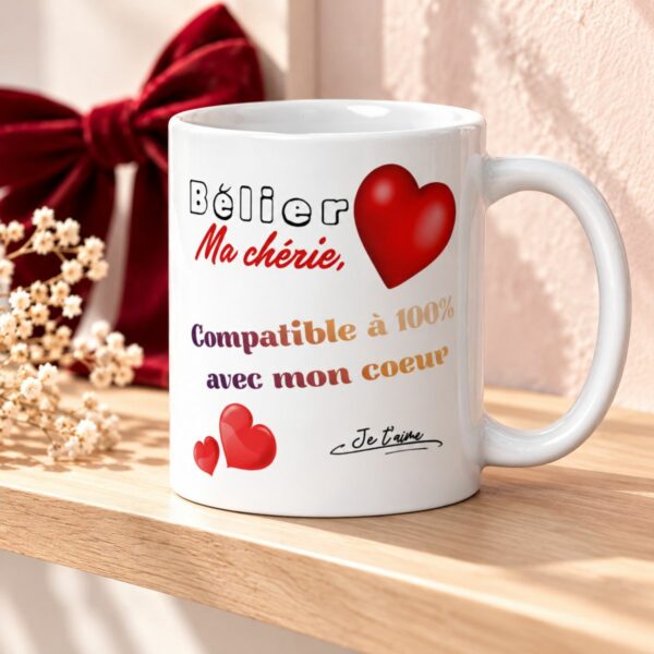 Cadeau astrologie amour : Mug « Compatible à 100% avec mon cœur » – Femme Bélier