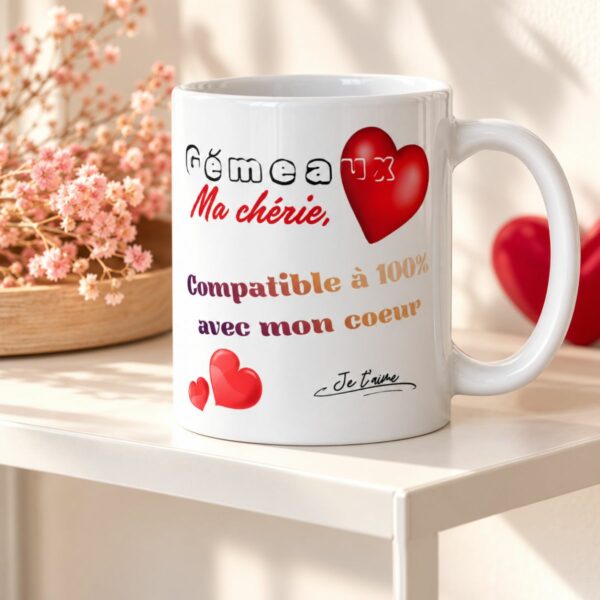 Cadeau astrologie amour : Mug « Compatible à 100% avec mon cœur » – Femme Gémeaux