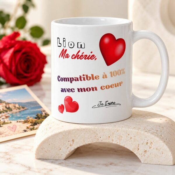 Cadeau astrologie amour : Mug « Compatible à 100% avec mon cœur » – Femme Lion