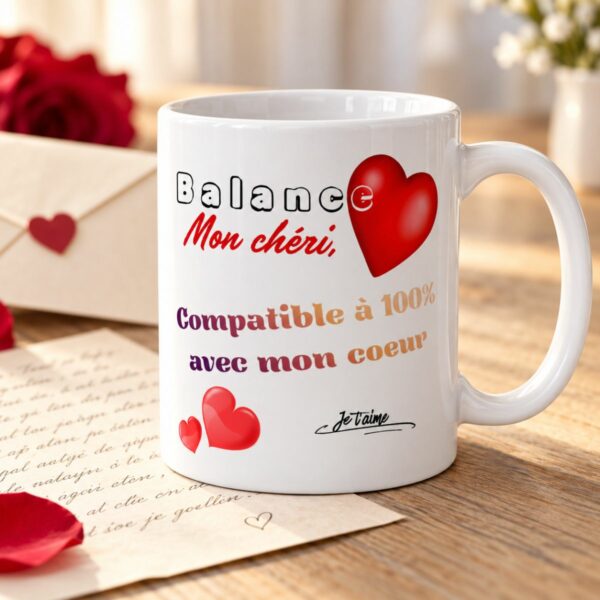 Cadeau astrologie amour : Mug « Compatible à 100% avec mon cœur » – Homme Balance