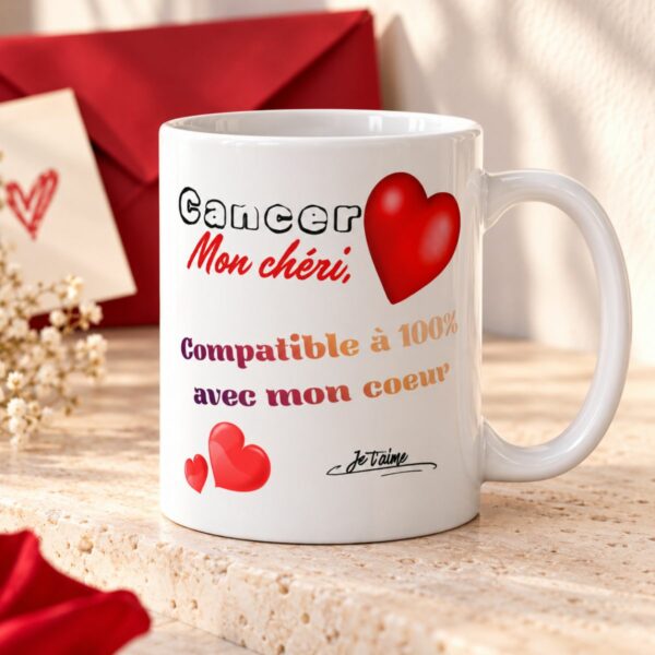 Cadeau astrologie amour : Mug « Compatible à 100% avec mon cœur » – Homme Cancer