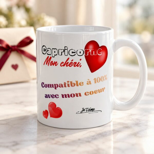 Cadeau astrologie amour : Mug « Compatible à 100% avec mon cœur » – Homme Capricorne