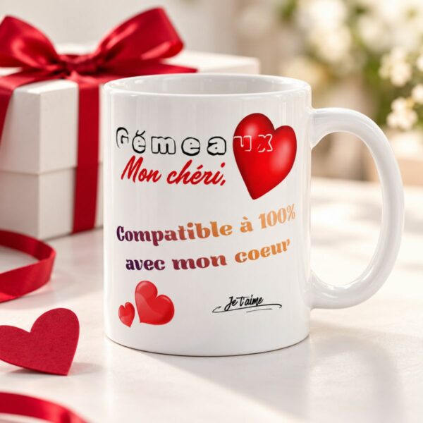 Cadeau astrologie amour : Mug « Compatible à 100% avec mon cœur » – Homme Gémeaux