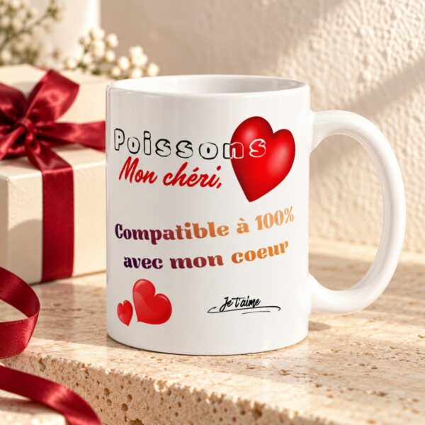 Cadeau astrologie amour : Mug « Compatible à 100% avec mon cœur » – Homme Poissons