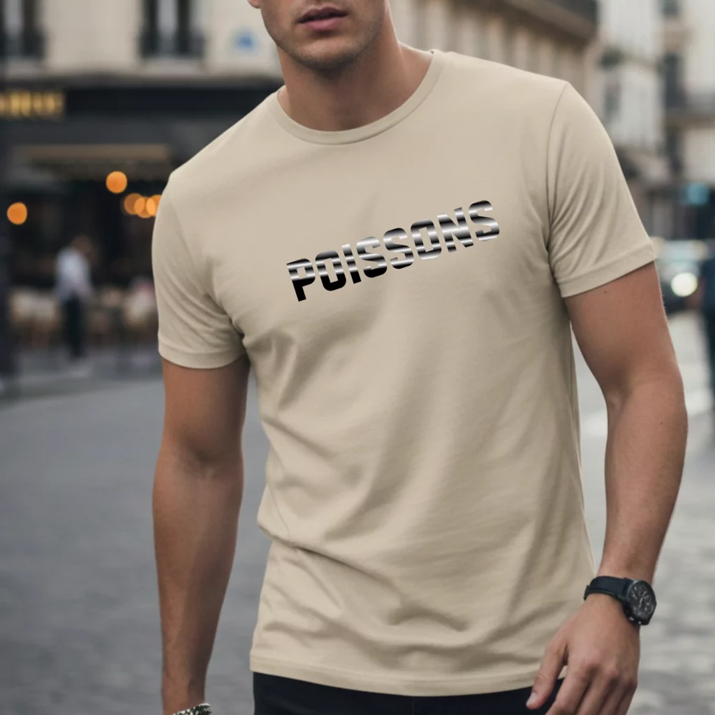 Idée Cadeau Poissons : Top Cadeaux & Coups de cœur anniversaire Un homme en mouvement dans une rue urbaine au style décontracté et moderne, portant un t-shirt beige sable ajusté. Le mot « POISSONS » est imprimé sur la poitrine. La police d'écriture est grasse et moderne, avec un effet de dégradé oblique composé de bandes noires, grises et blanches. L'arrière-plan est volontairement flou (effet bokeh), mettant l'accent sur le vêtement.