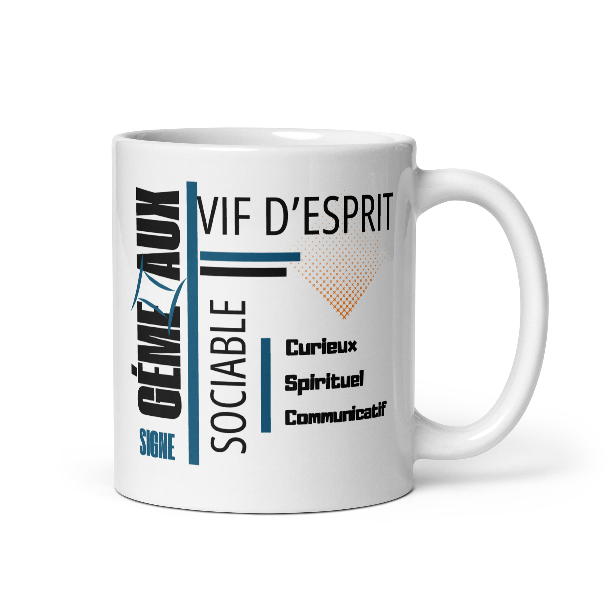 Visuel d'un mug sur fond blanc dédié au signe astrologique gémeaux . La composition moderne utilise une structure en grille avec des lignes bleues et noires, accompagnée d'un motif décoratif en forme de carré orange composé de petits points en dégradé. Le nom du signe est écrit verticalement en grandes lettres noires sur la gauche, surmontant le mot "SIGNE" et un symbole astrologique bleu stylisé. Le reste de l'image met en avant les traits de caractère du signe avec une typographie variée : une qualité majeure en haut à droite, une seconde écrite verticalement au centre, et une liste de trois autres qualités en bas à droite.