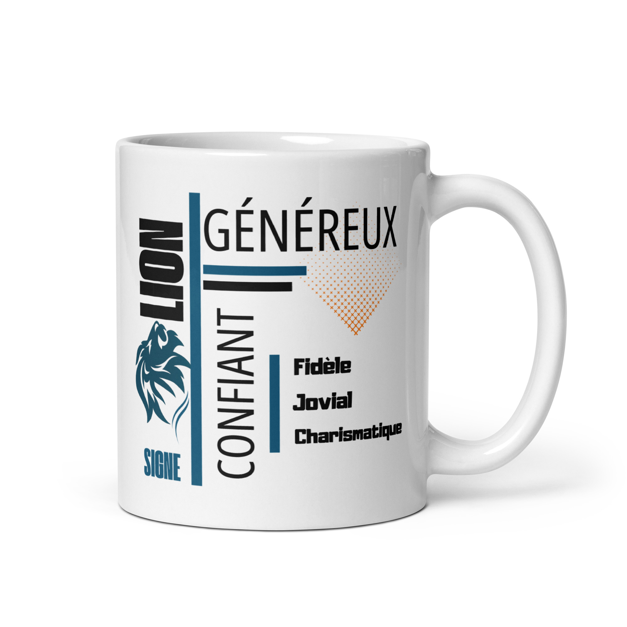 Visuel d'un mug sur fond blanc dédié au signe astrologique lion . La composition moderne utilise une structure en grille avec des lignes bleues et noires, accompagnée d'un motif décoratif en forme de carré orange composé de petits points en dégradé. Le nom du signe est écrit verticalement en grandes lettres noires sur la gauche, surmontant le mot "SIGNE" et un symbole astrologique bleu stylisé. Le reste de l'image met en avant les traits de caractère du signe avec une typographie variée : une qualité majeure en haut à droite, une seconde écrite verticalement au centre, et une liste de trois autres qualités en bas à droite.