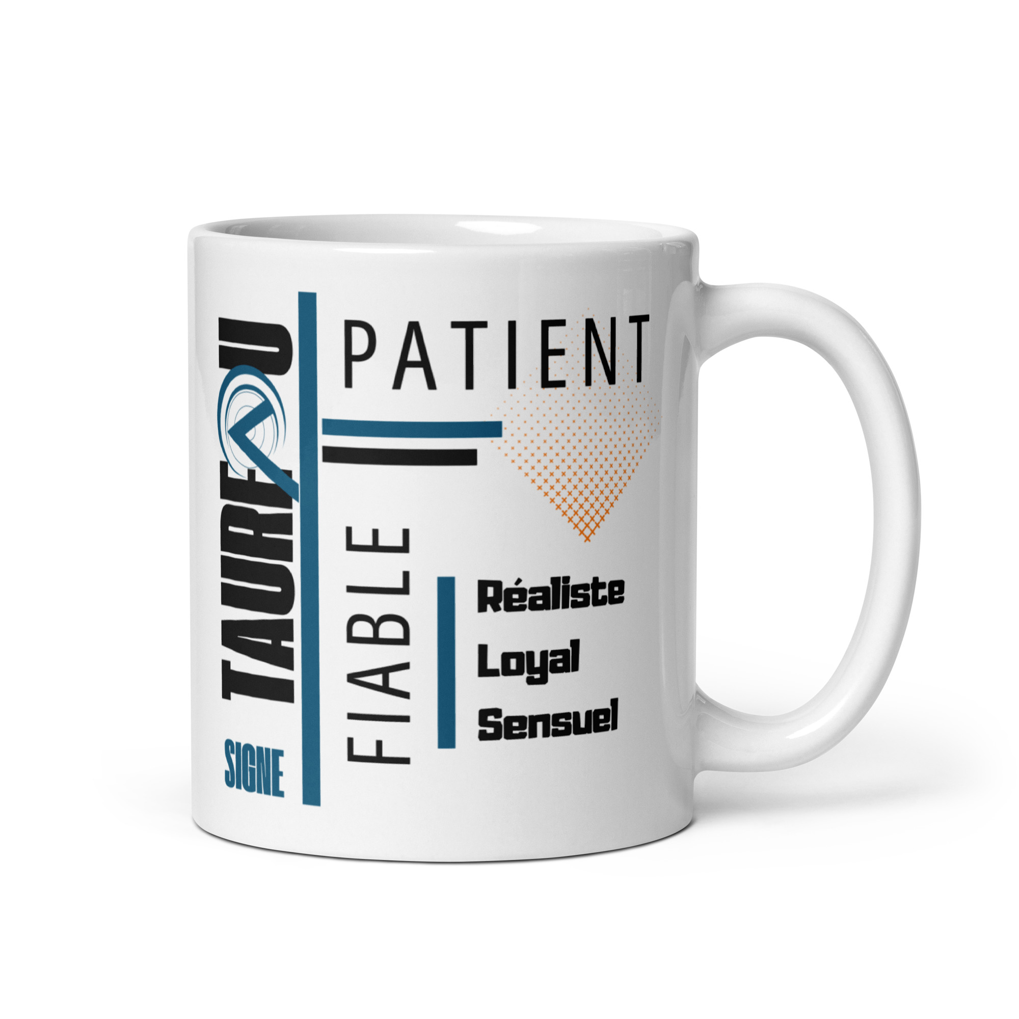 Visuel d'un mug sur fond blanc dédié au signe astrologique taureau . La composition moderne utilise une structure en grille avec des lignes bleues et noires, accompagnée d'un motif décoratif en forme de carré orange composé de petits points en dégradé. Le nom du signe est écrit verticalement en grandes lettres noires sur la gauche, surmontant le mot "SIGNE" et un symbole astrologique bleu stylisé. Le reste de l'image met en avant les traits de caractère du signe avec une typographie variée : une qualité majeure en haut à droite, une seconde écrite verticalement au centre, et une liste de trois autres qualités en bas à droite.