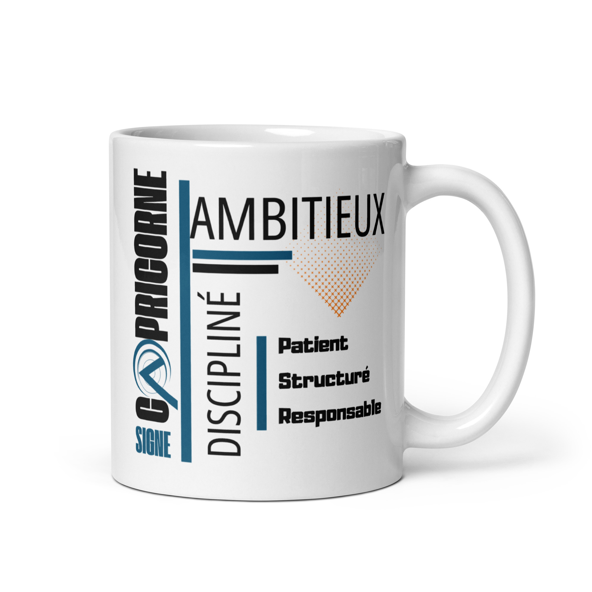 Visuel d'un mug sur fond blanc dédié au signe astrologique capricorne . La composition moderne utilise une structure en grille avec des lignes bleues et noires, accompagnée d'un motif décoratif en forme de carré orange composé de petits points en dégradé. Le nom du signe est écrit verticalement en grandes lettres noires sur la gauche, surmontant le mot "SIGNE" et un symbole astrologique bleu stylisé. Le reste de l'image met en avant les traits de caractère du signe avec une typographie variée : une qualité majeure en haut à droite, une seconde écrite verticalement au centre, et une liste de trois autres qualités en bas à droite.