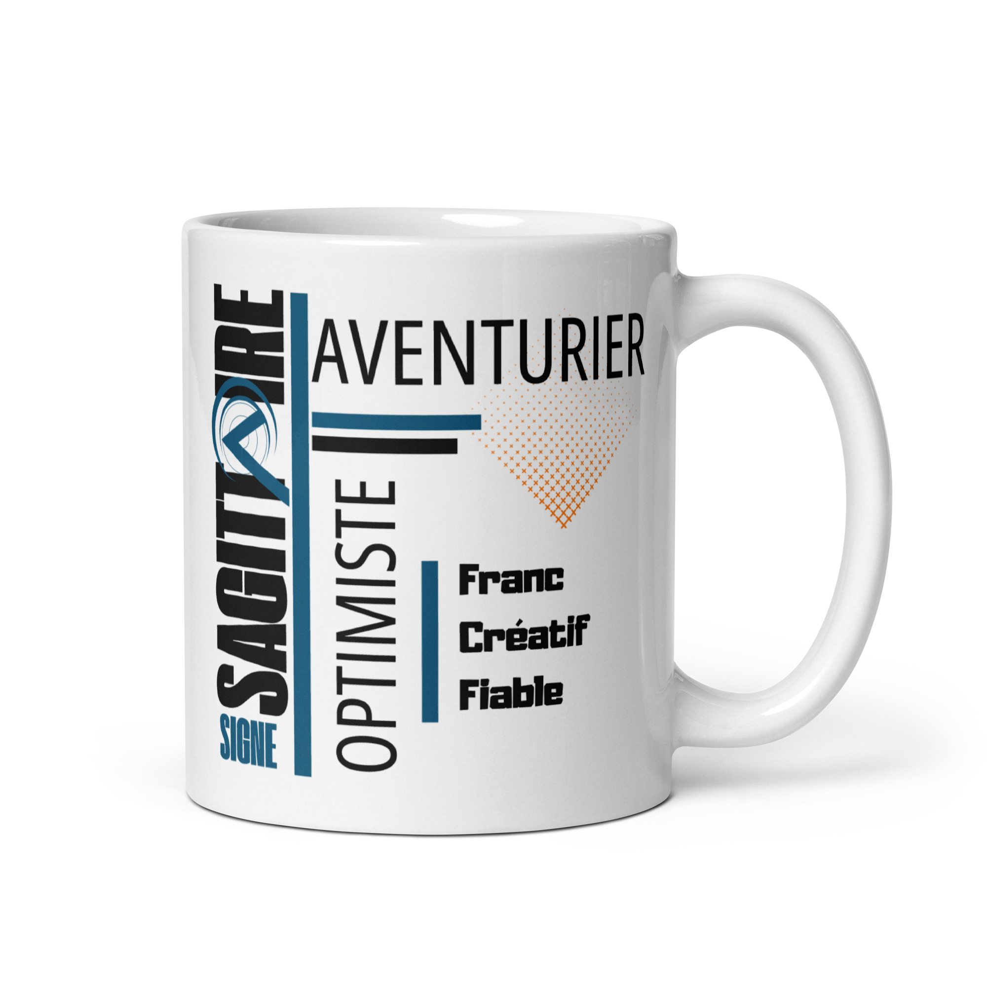 Visuel d'un mug sur fond blanc dédié au signe astrologique sagittaire . La composition moderne utilise une structure en grille avec des lignes bleues et noires, accompagnée d'un motif décoratif en forme de carré orange composé de petits points en dégradé. Le nom du signe est écrit verticalement en grandes lettres noires sur la gauche, surmontant le mot "SIGNE" et un symbole astrologique bleu stylisé. Le reste de l'image met en avant les traits de caractère du signe avec une typographie variée : une qualité majeure en haut à droite, une seconde écrite verticalement au centre, et une liste de trois autres qualités en bas à droite.