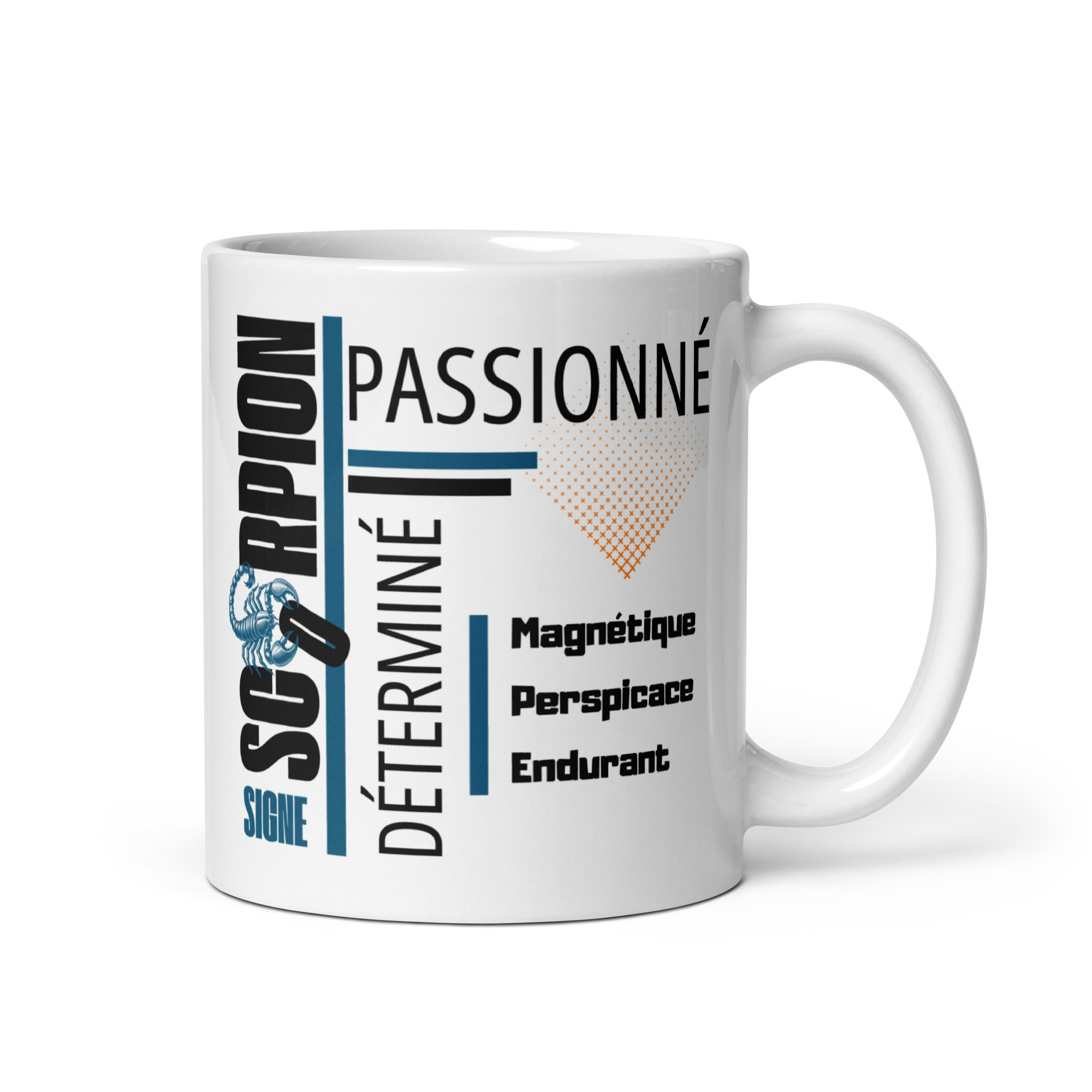 Visuel d'un mug sur fond blanc dédié au signe astrologique scorpion . La composition moderne utilise une structure en grille avec des lignes bleues et noires, accompagnée d'un motif décoratif en forme de carré orange composé de petits points en dégradé. Le nom du signe est écrit verticalement en grandes lettres noires sur la gauche, surmontant le mot "SIGNE" et un symbole astrologique bleu stylisé. Le reste de l'image met en avant les traits de caractère du signe avec une typographie variée : une qualité majeure en haut à droite, une seconde écrite verticalement au centre, et une liste de trois autres qualités en bas à droite.