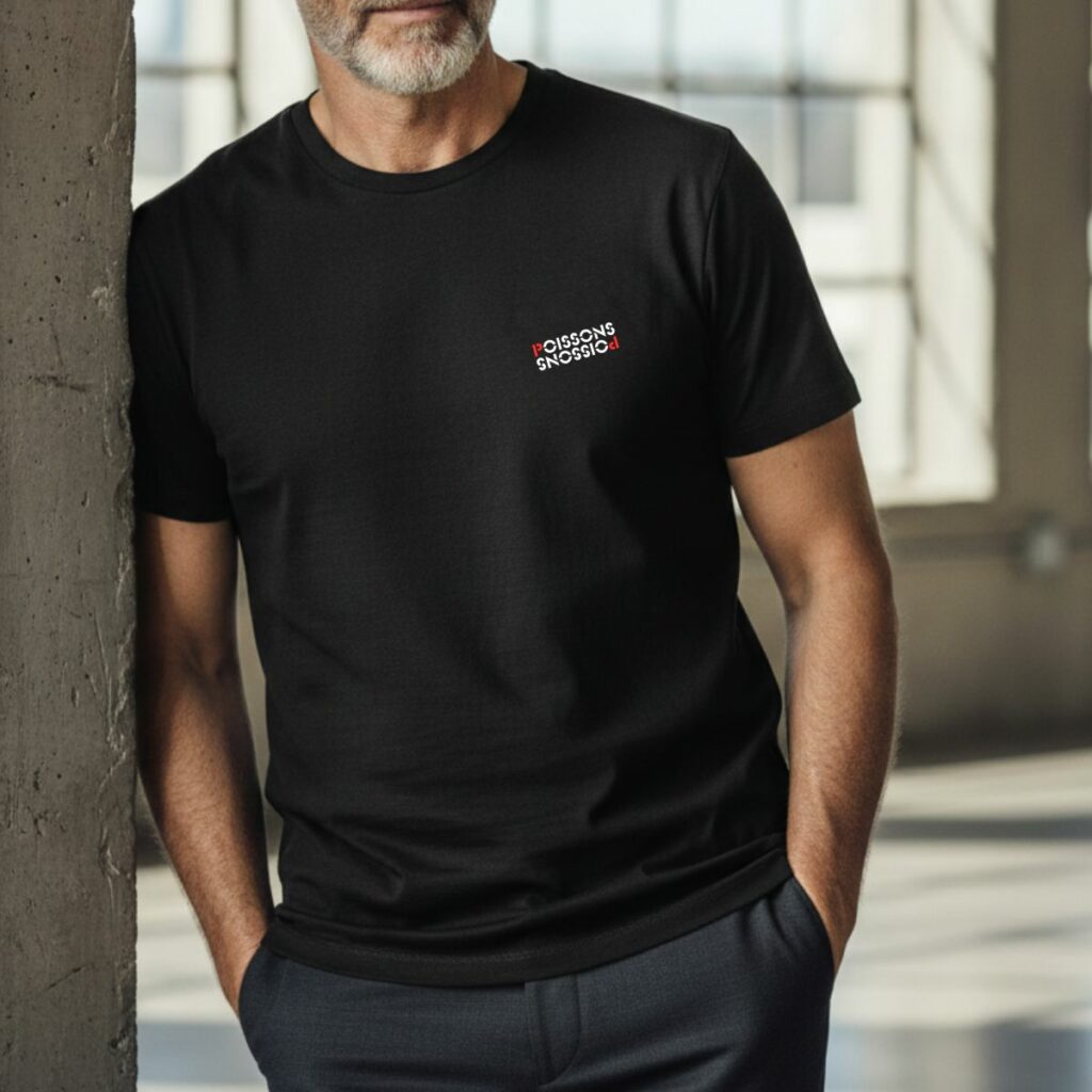 Homme mûr à barbe grisonnante portant un t-shirt noir, inscription du signe du zodiaque blanc et rouge "Poissons" avec effet miroir inversé.