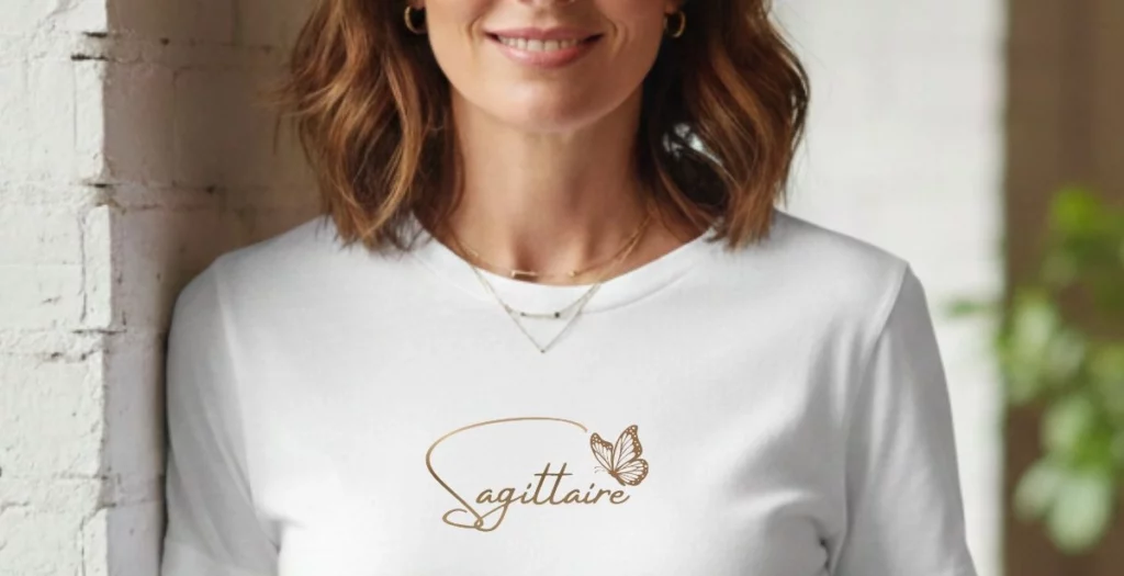 T-shirt femme Sagittaire – Motif papillon, style casual-chic T shirt femme Sagittaire avec design papillon xxl pour un look Casual Chic whizaloo 14052026