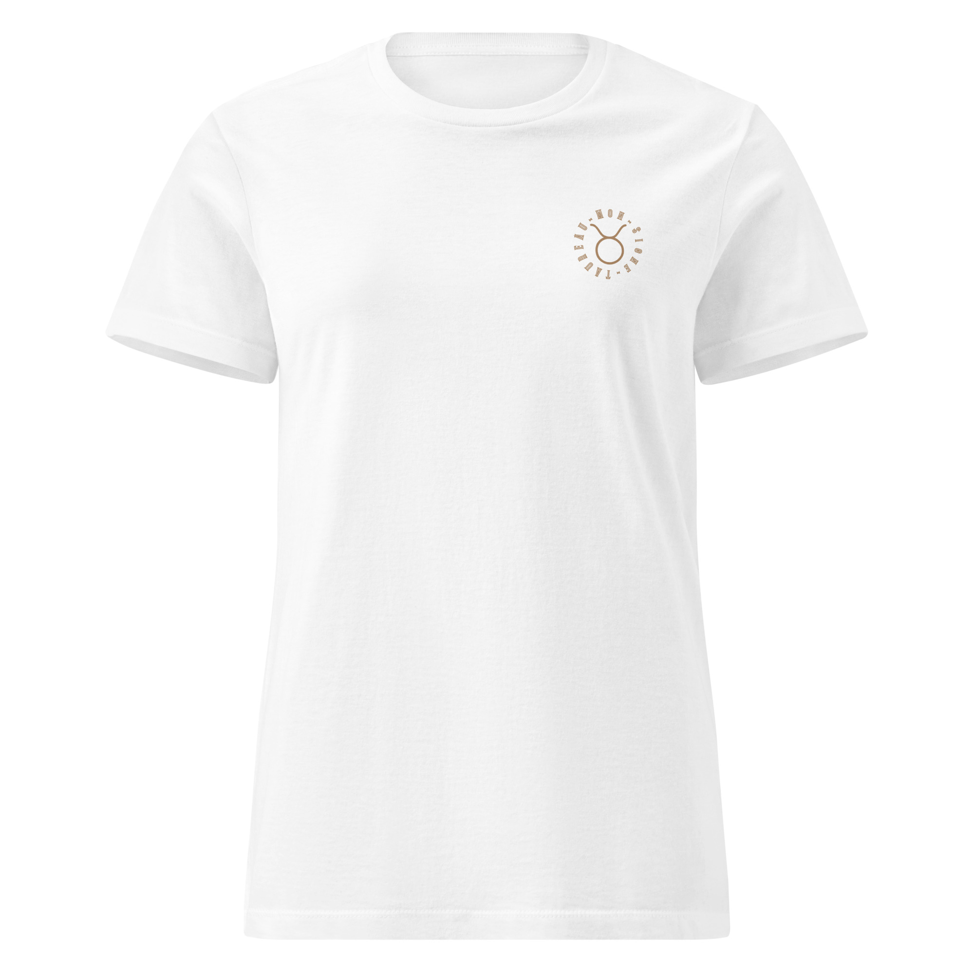 T-shirt blanc à col rond pour femme présentant un motif imprimé bronze du signe de la taureau en médaillon sur la poitrine.