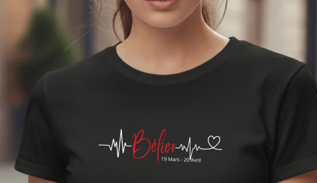 Peut-on être stylée en portant son signe astral ? Notre réponse en 3 looks T shirt Femme noir avec Signe Astral belier Pulsation Coeur Rouge et Blanc whizaloo 06032026